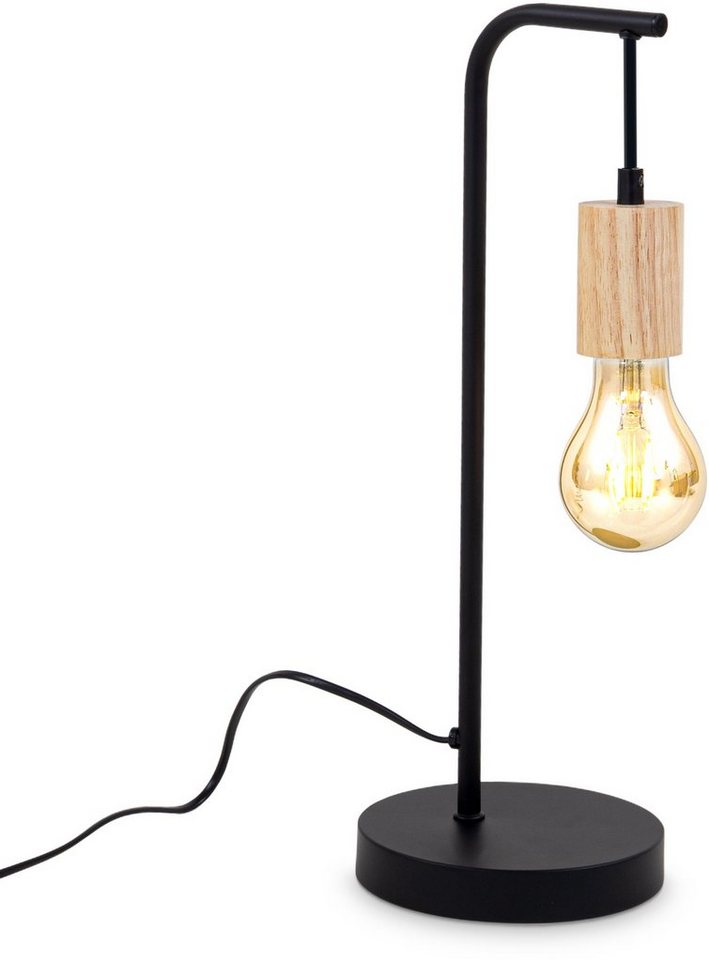 B.K.Licht Tischleuchte BK_TL1375 Retro Tischlampe, Schwarz, Metall, E27,  Kabel mit Schalter, ohne Leuchtmittel, Schreibtischlampe, Schwarz-Holz, Ohne  Leuchtmittel