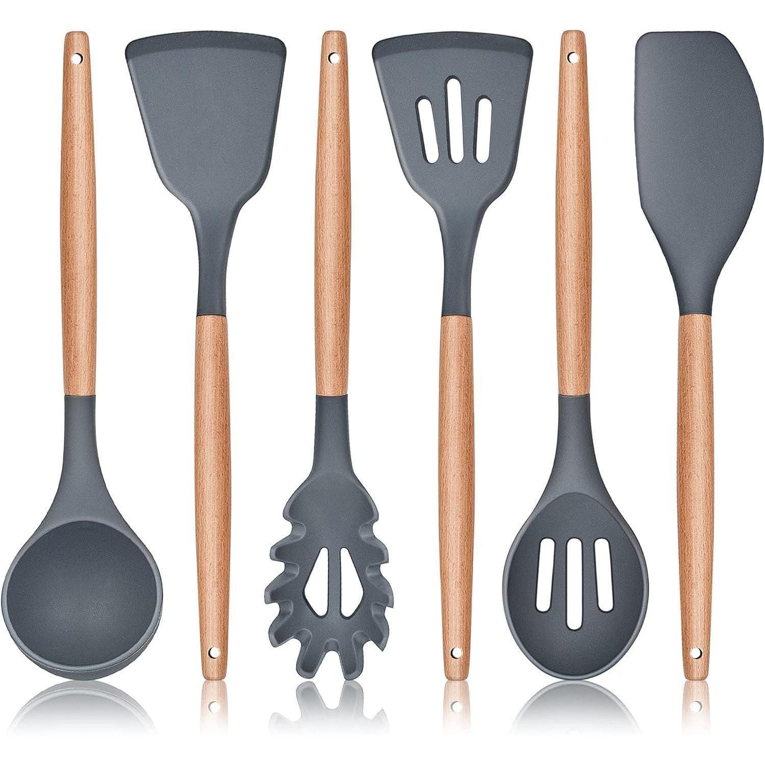 Herogo Kochbesteck-Set Küchenhelfer Set 6-teilig Silikon Kochutensilien Holzgriff Grau