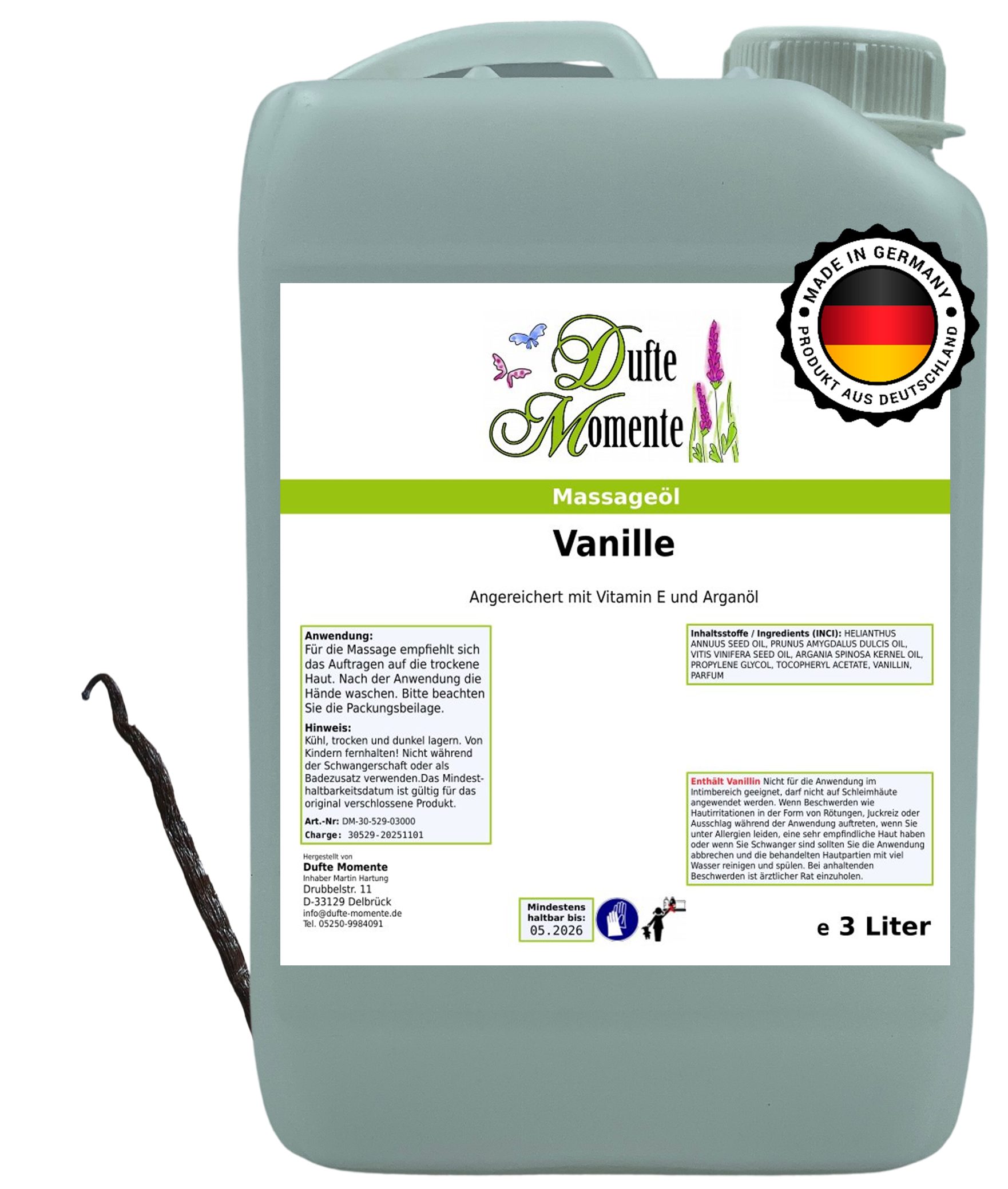 Dufte Momente Massageöl Vanille 250ml - 3 L, hochwertige Pflanzenöle als Basis, vegan und ohne Tierversuche