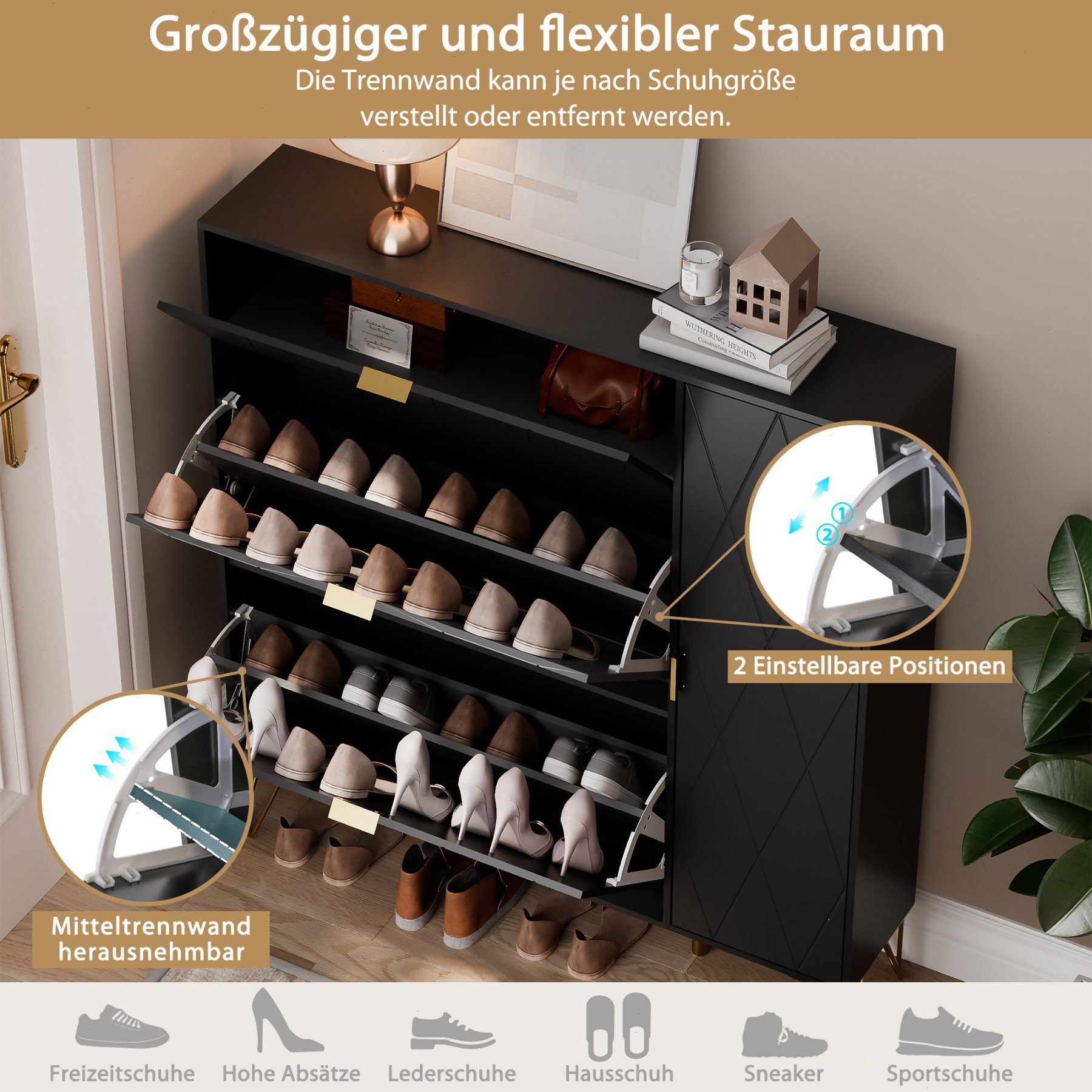 UEV Schuhschrank mit 4 Klappen schmal Schuhkipper Schuhregal (Packung, 105x24x120cm) verstellbare und herausnehmbare Trennwände für verschiedene Schuhtypen – Bild 3 von 5