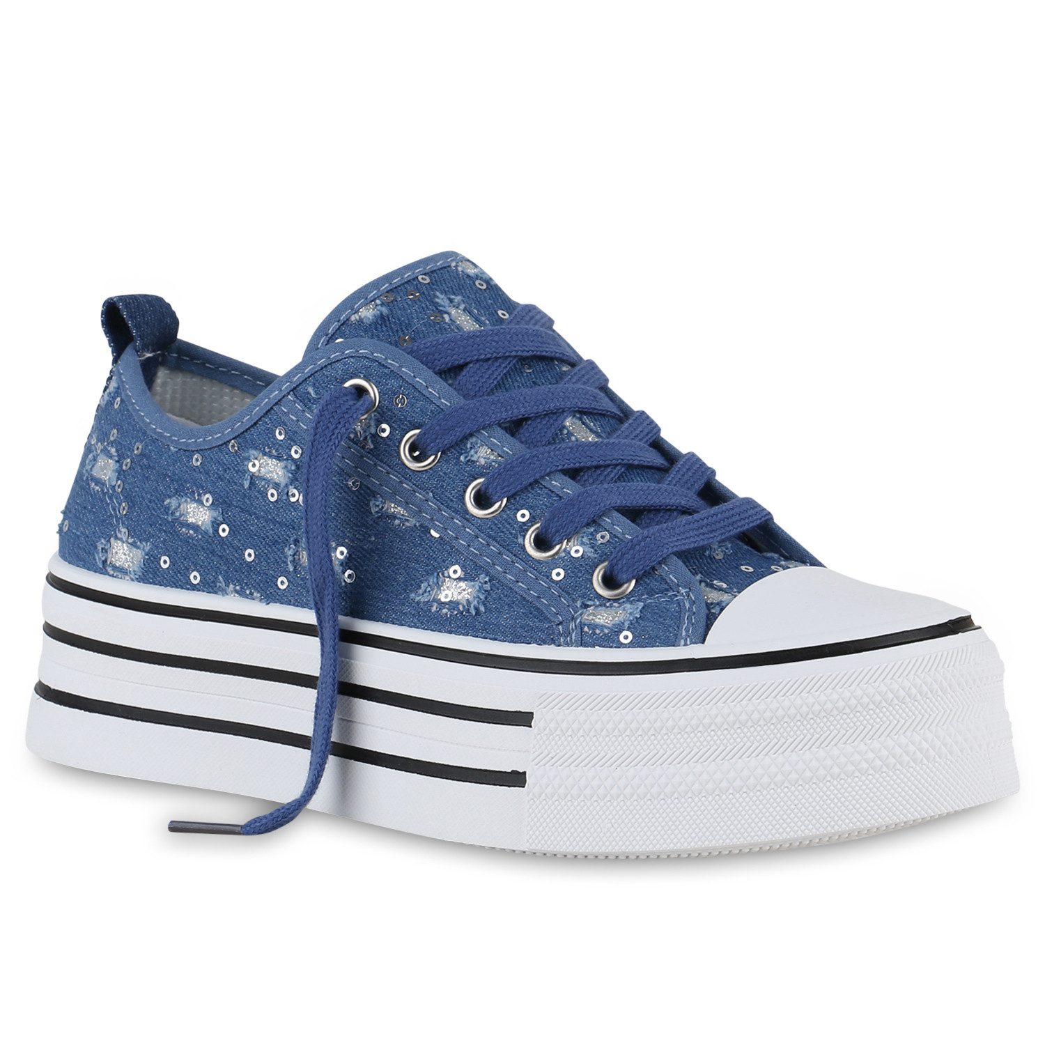 VAN HILL 840981 Plateausneaker Damen Plateau Sneaker Denim Schnürer Paillet günstig online kaufen
