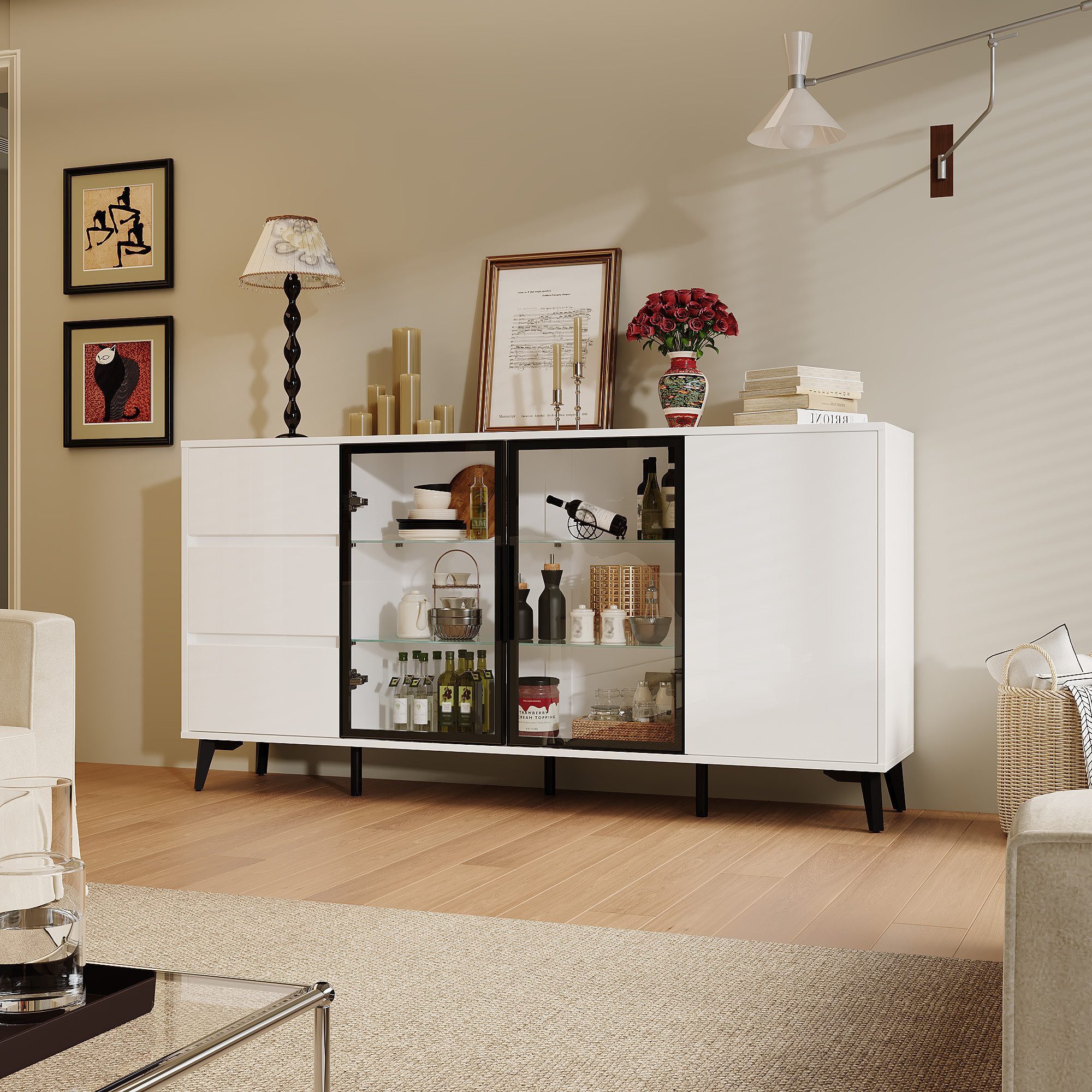 FUFU&GAGA Sideboard 140-160cm Glasvitrine Vitrinenschrank, mit Beleuchtung 3 Farbe – Bild 3 von 5