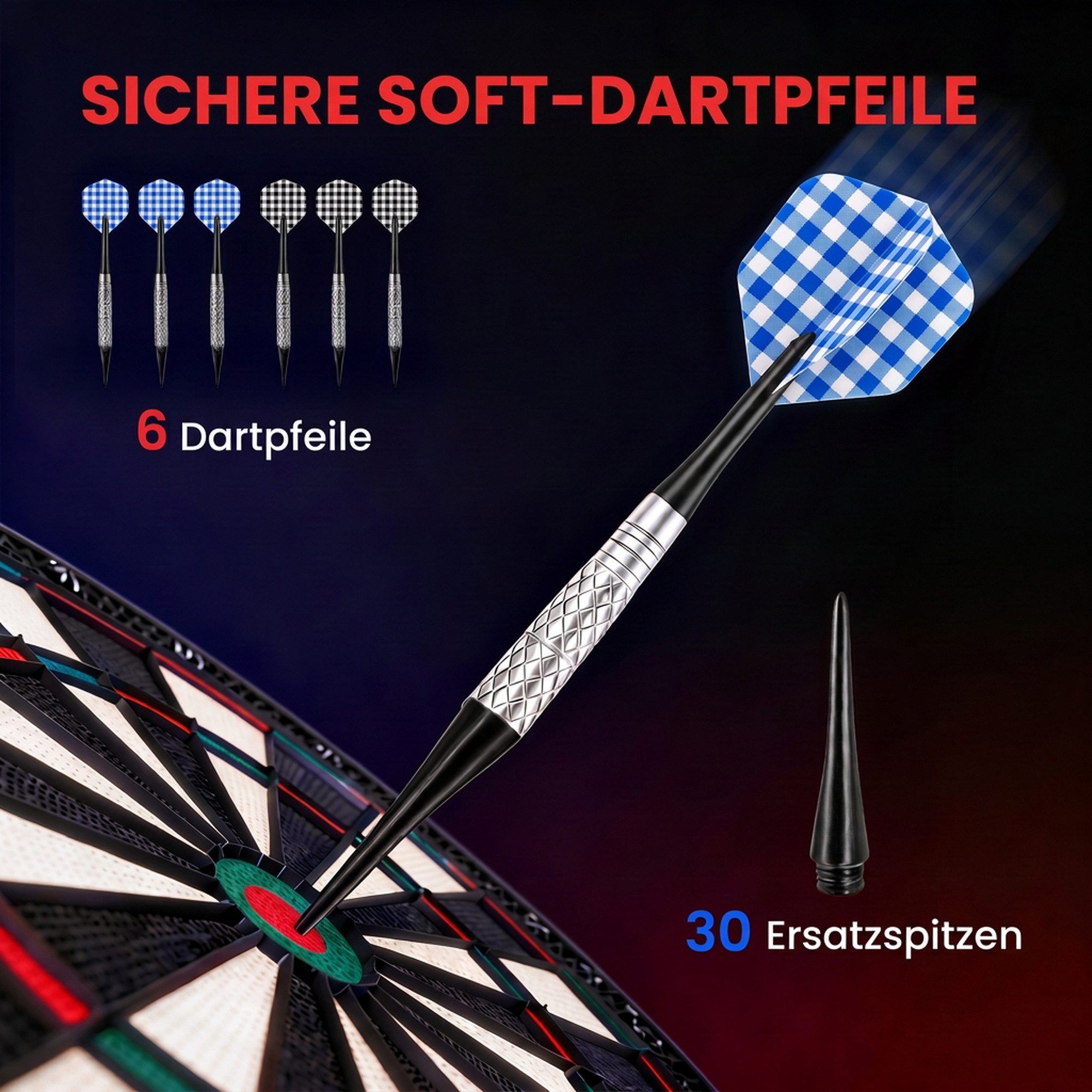 HOMCOM Dartscheibe Elektronische Dartscheibe Dart-set 30 Dartköpfe 26 Spiele Schwarz, (Dartspiel mit LCD-Anzeige, 1-tlg., Dart-set), Schwarz 39,5 x 2,2 x 44 cm – Bild 5 von 5