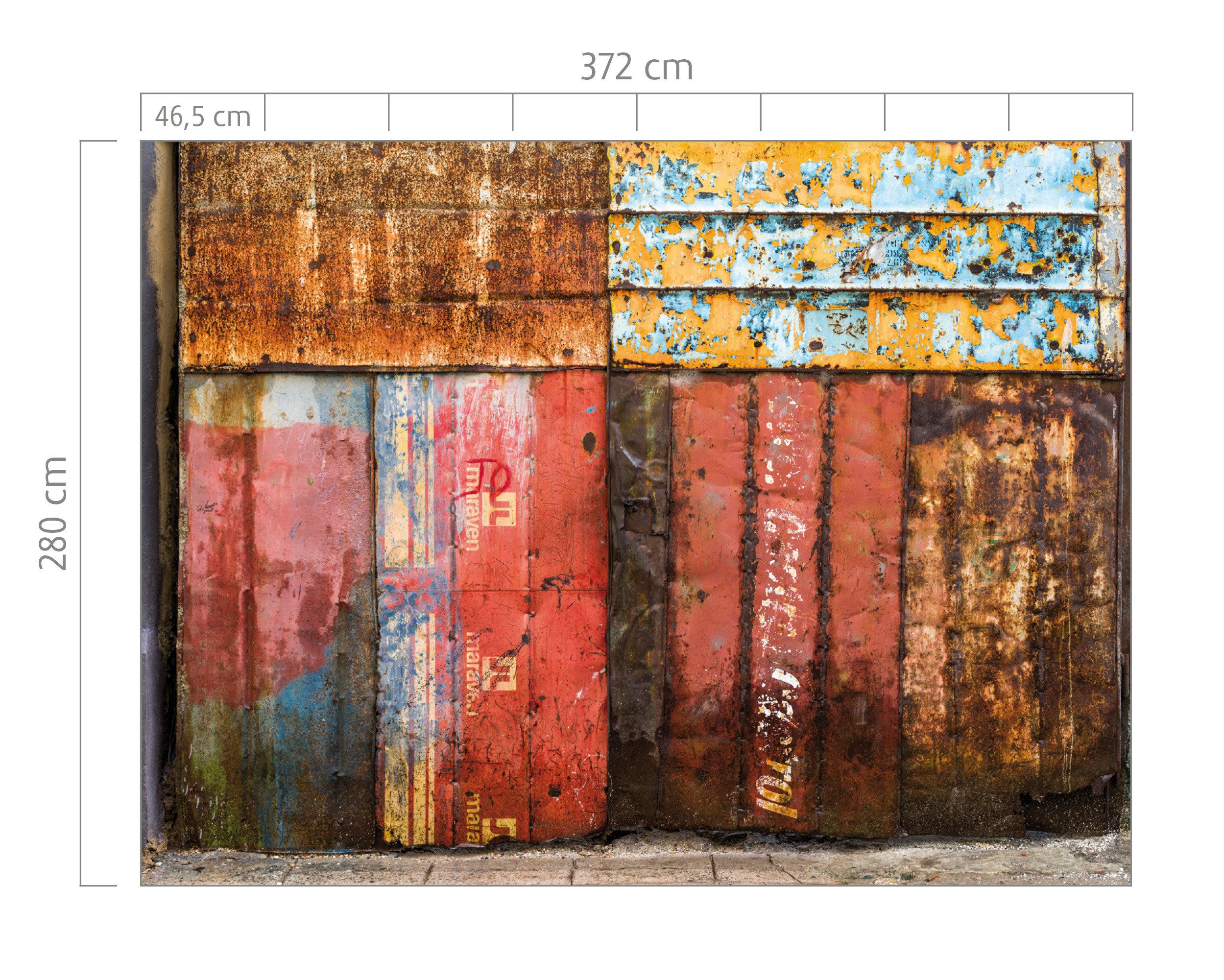 Rasch Fototapete Schiffscontainer-Motiv - Vliestapete Braun Türkis Rot Orange, glatt, Fotodruck, (1 Rolle, 1 St., 2,8 m x 3,72 m), gute Lichtbeständigkeit, feucht abwischbar, restlos abziehbar