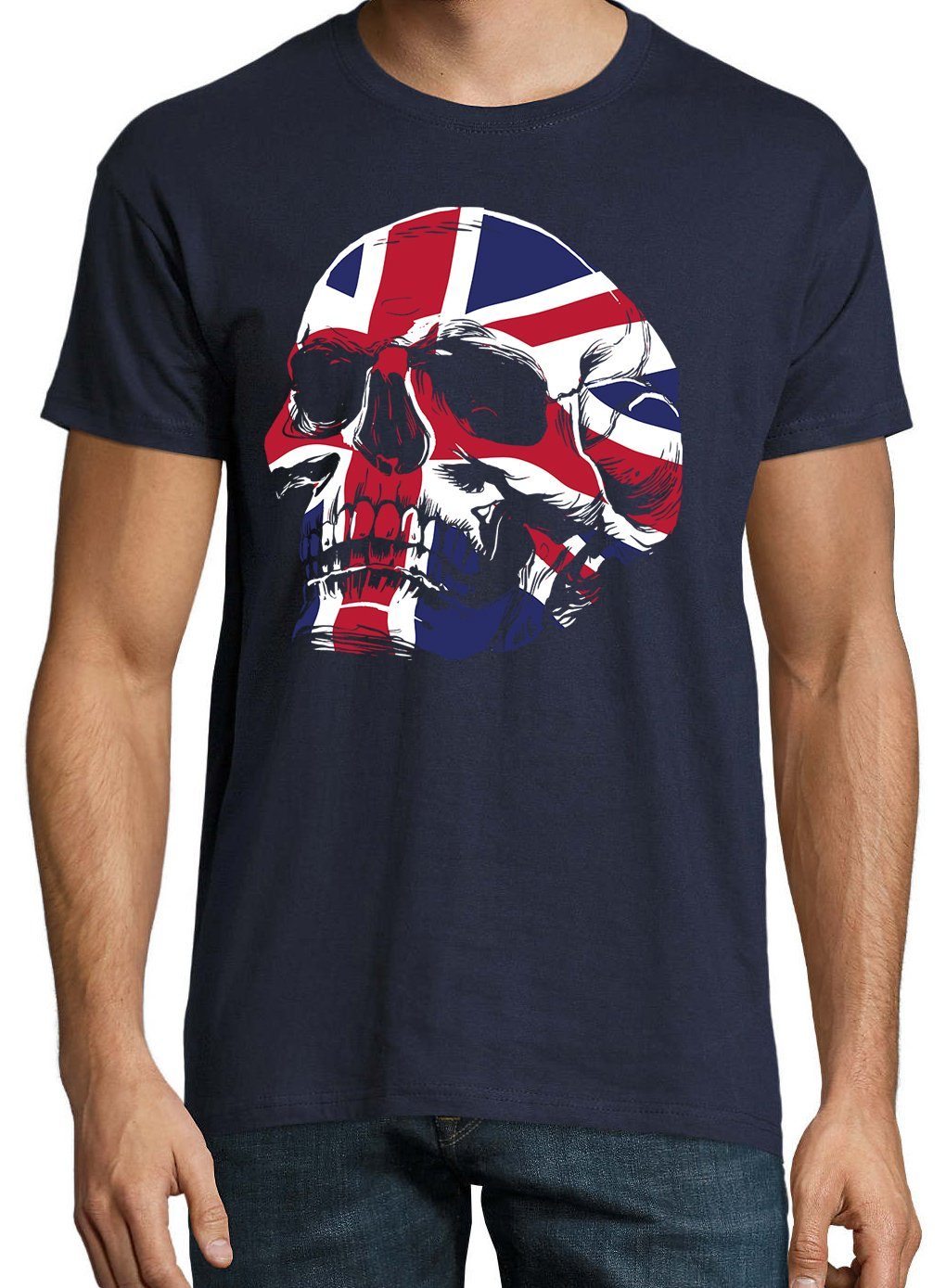 trendigem Youth Schädel Totenkopf Navyblau Designz Shirt England UK Frontprint Logo mit T-Shirt Herren