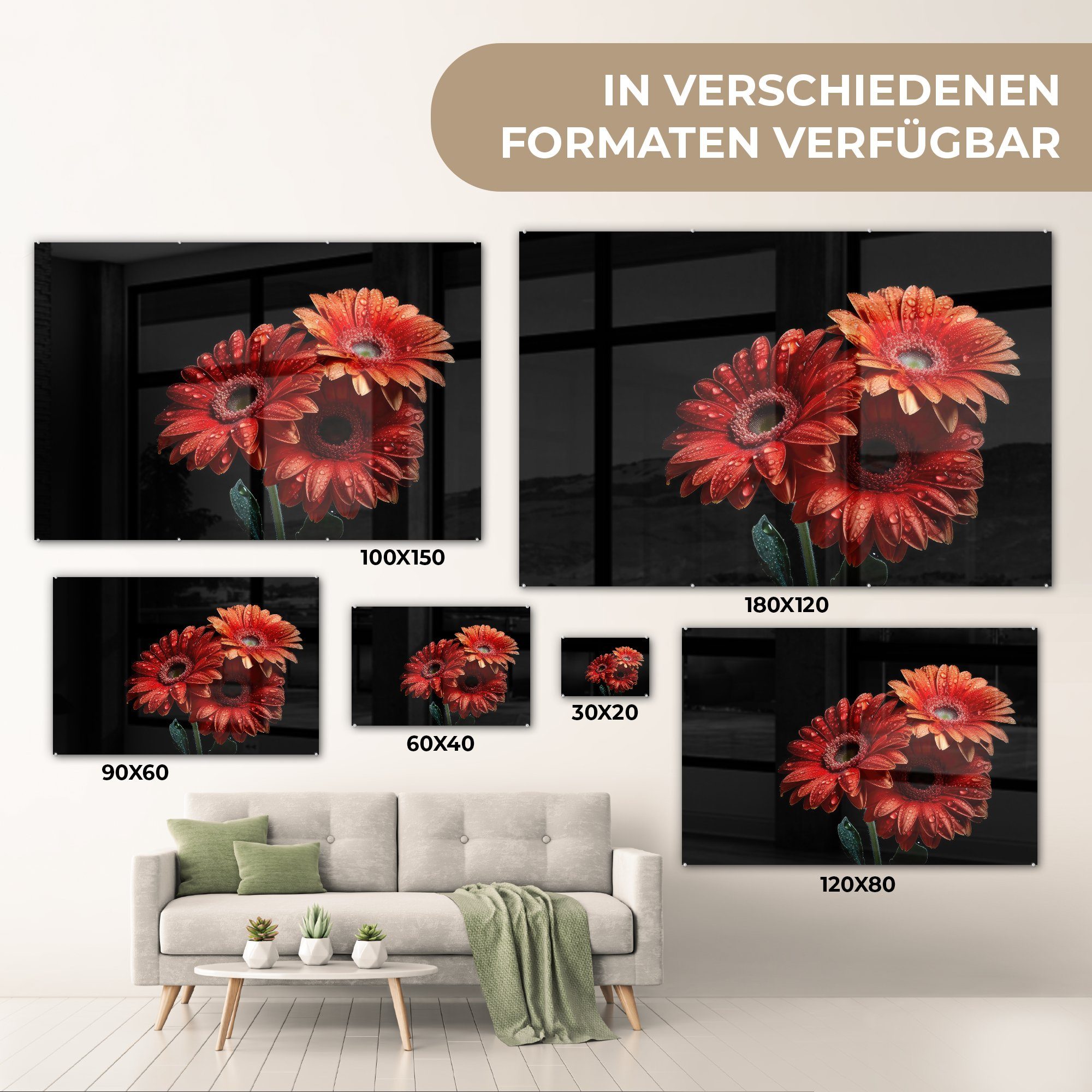 Gerbera - Wanddekoration Bilder Wandbild - Acrylglasbild Natur, MuchoWow Glas Rot (1 auf - auf Foto St), - - Blumen - Botanisch - Glas Glasbilder
