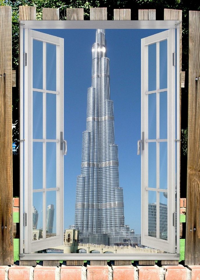 Thumbnail - Wallario Sichtschutzzaunmatten Wolkenkratzer in Dubai, mit Fenster-Illusion