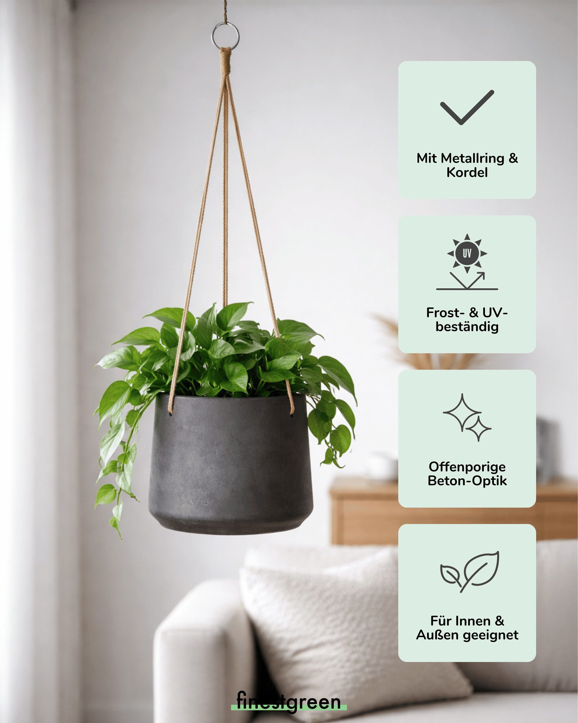 finestgreen Blumenampel Hängepflanztopf Patt, Fiberclay Blumenampel in Beton-Optik für Innen & Außen
