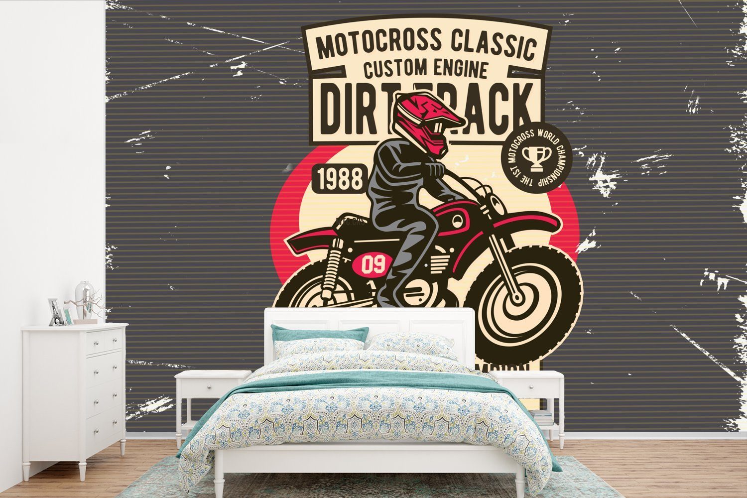 MuchoWow Fototapete Motorrad - Helm - Retro - Zeichnung, Matt, bedruckt, (6 St), Wallpaper für Wohnzimmer, Schlafzimmer, Kinderzimmer, Vinyl Tapete
