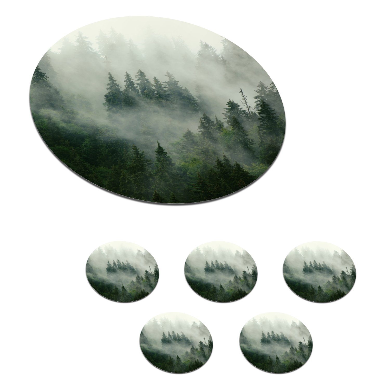 MuchoWow Glasuntersetzer Wald - Nebel - Bäume - Natur, Zubehör für Gläser, 6-tlg., Getränkeuntersetzer, Tassenuntersetzer, Korkuntersetzer, Tasse, Becher