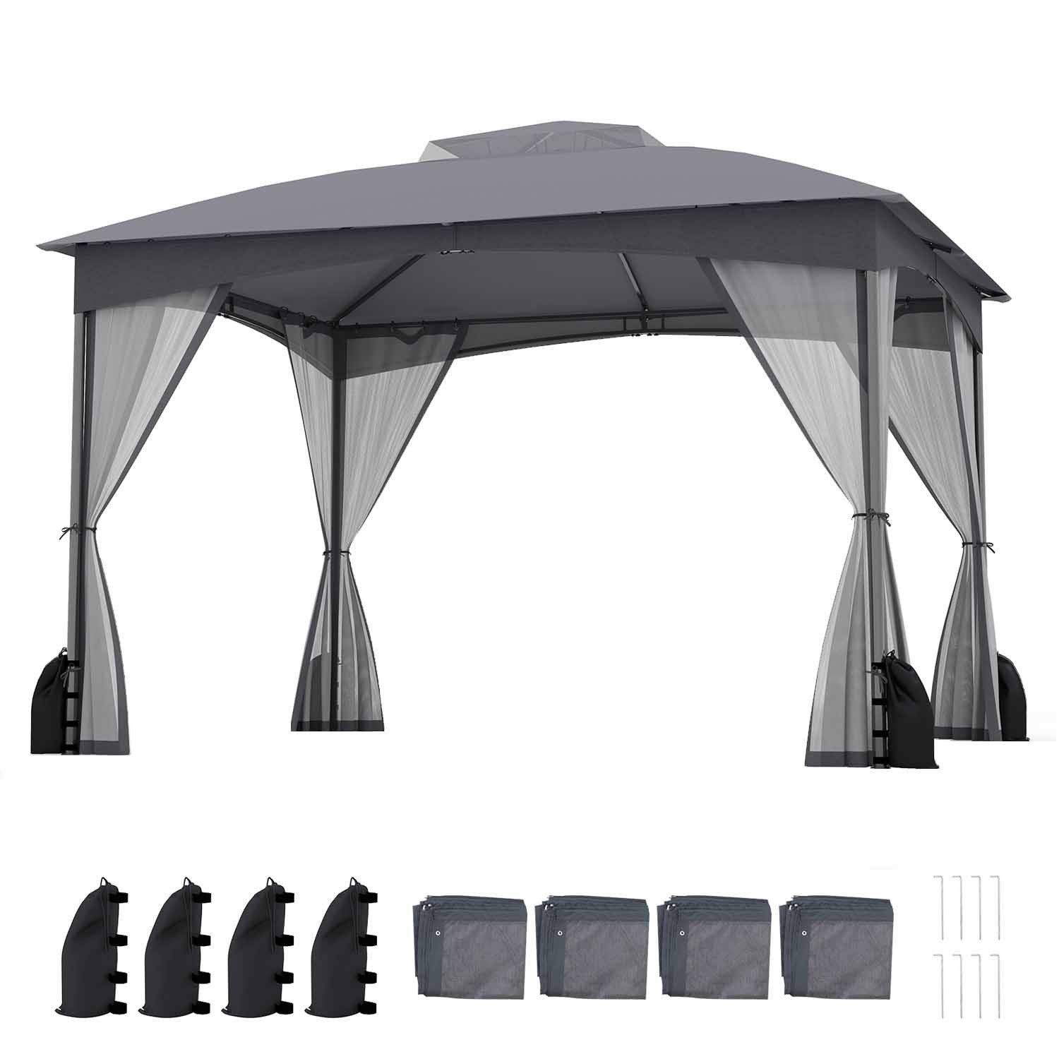 KOMFOTTEU Pavillon, Gartenpavillon mit Netzseitenwänden, 4 Sandsäcken & 8 Erdnägeln