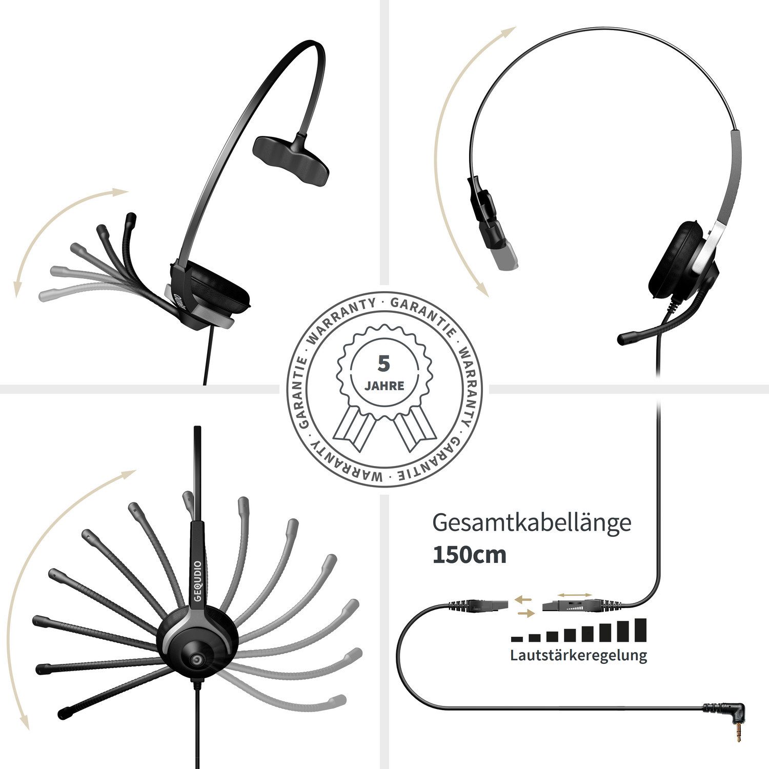 GEQUDIO Headset (mit Wechselverschluss für mehrere Endgeräte, inklusive Anschlusskabel)