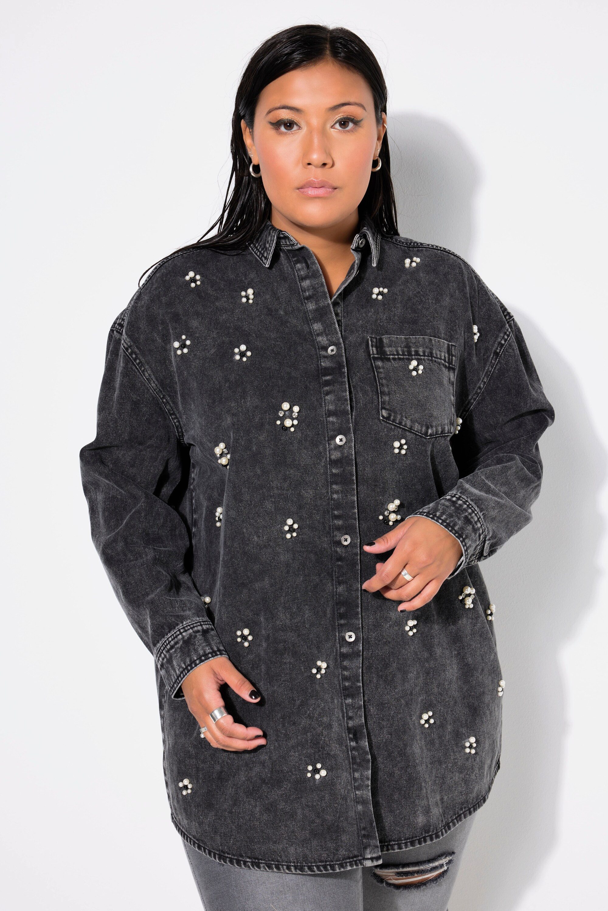 Hemdbluse Long-Jeanshemd oversized Zierperlen
