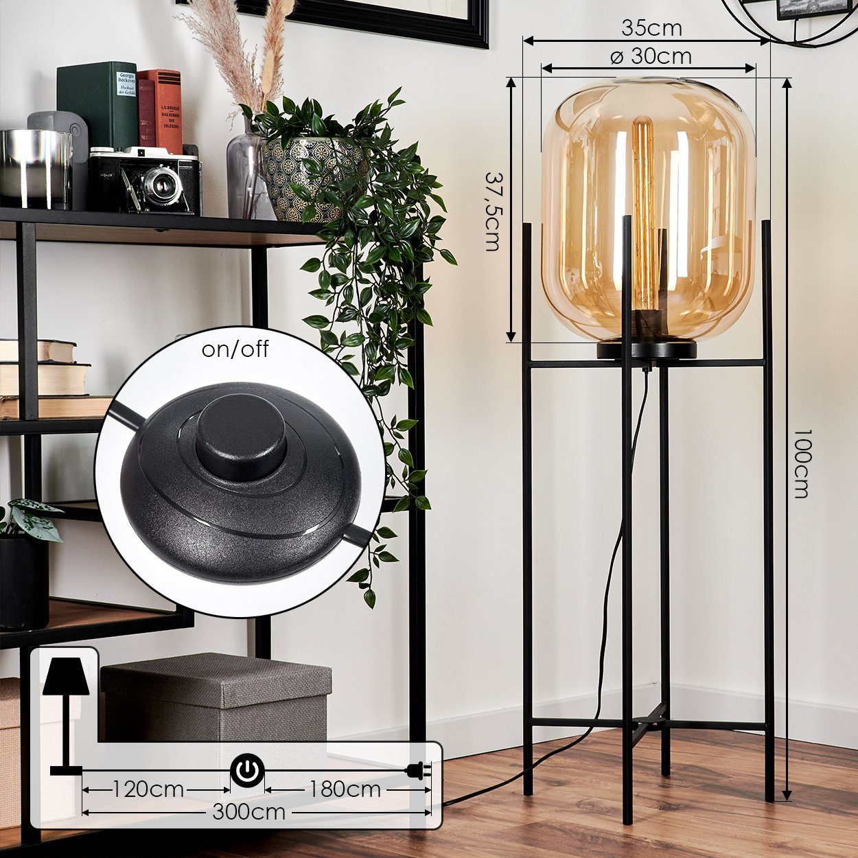 hofstein Stehlampe moderne Stehlampe aus Metall/Glas in Schwarz/Bernsteinfarben, ohne Leuchtmittel, Standleuchte, Glasschrim Ø30cm, Fußschalter, 1x E27, ohne Le – Bild 4 von 5