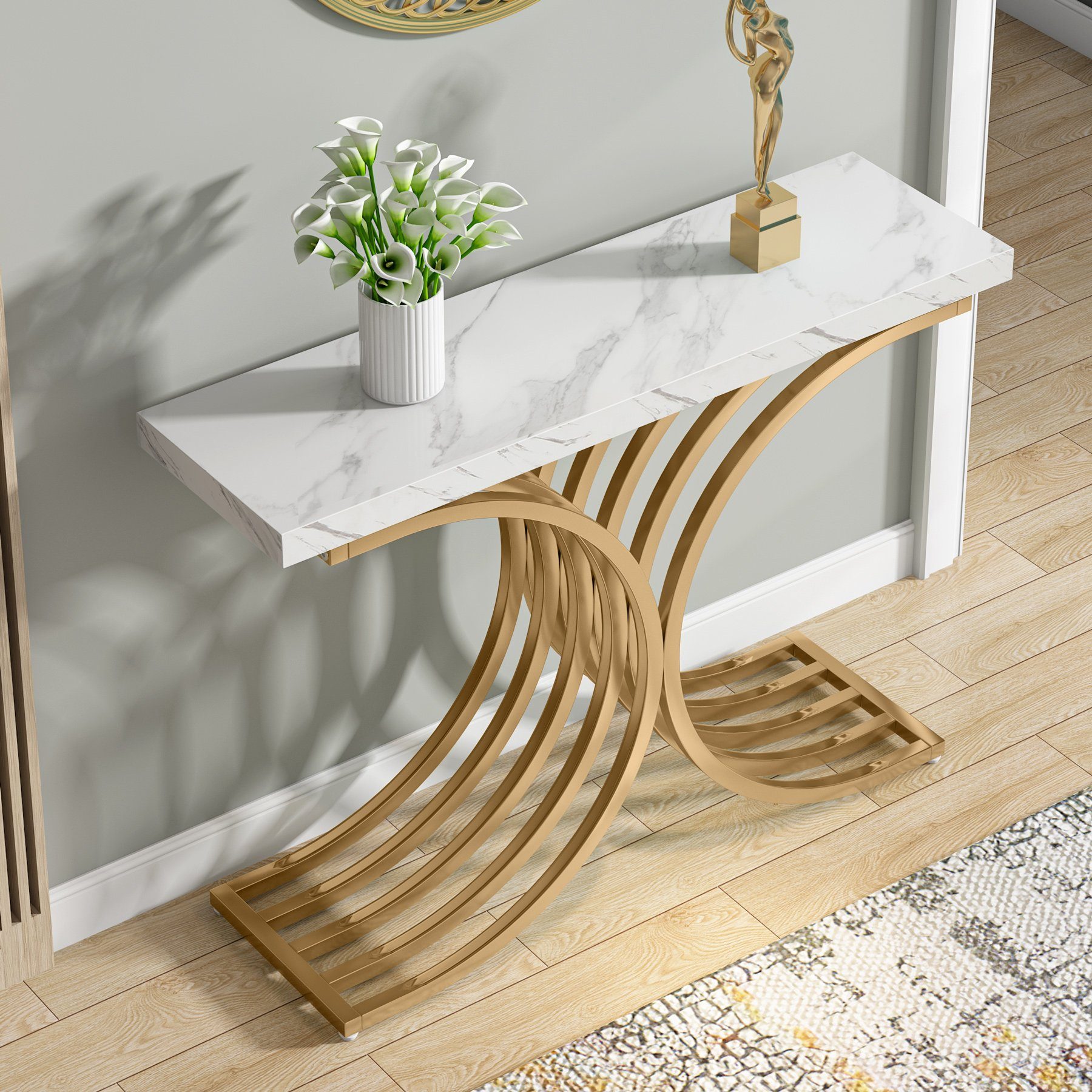 Tribesigns Konsolentisch 100 x 30 x 80 cm Schmal Flurtisch,Beistelltisch mit Gold Metallgestell (Weiß und Gold / Schwarz und Gold), Kleiner Ausstellungstisch, S – Bild 2 von 5