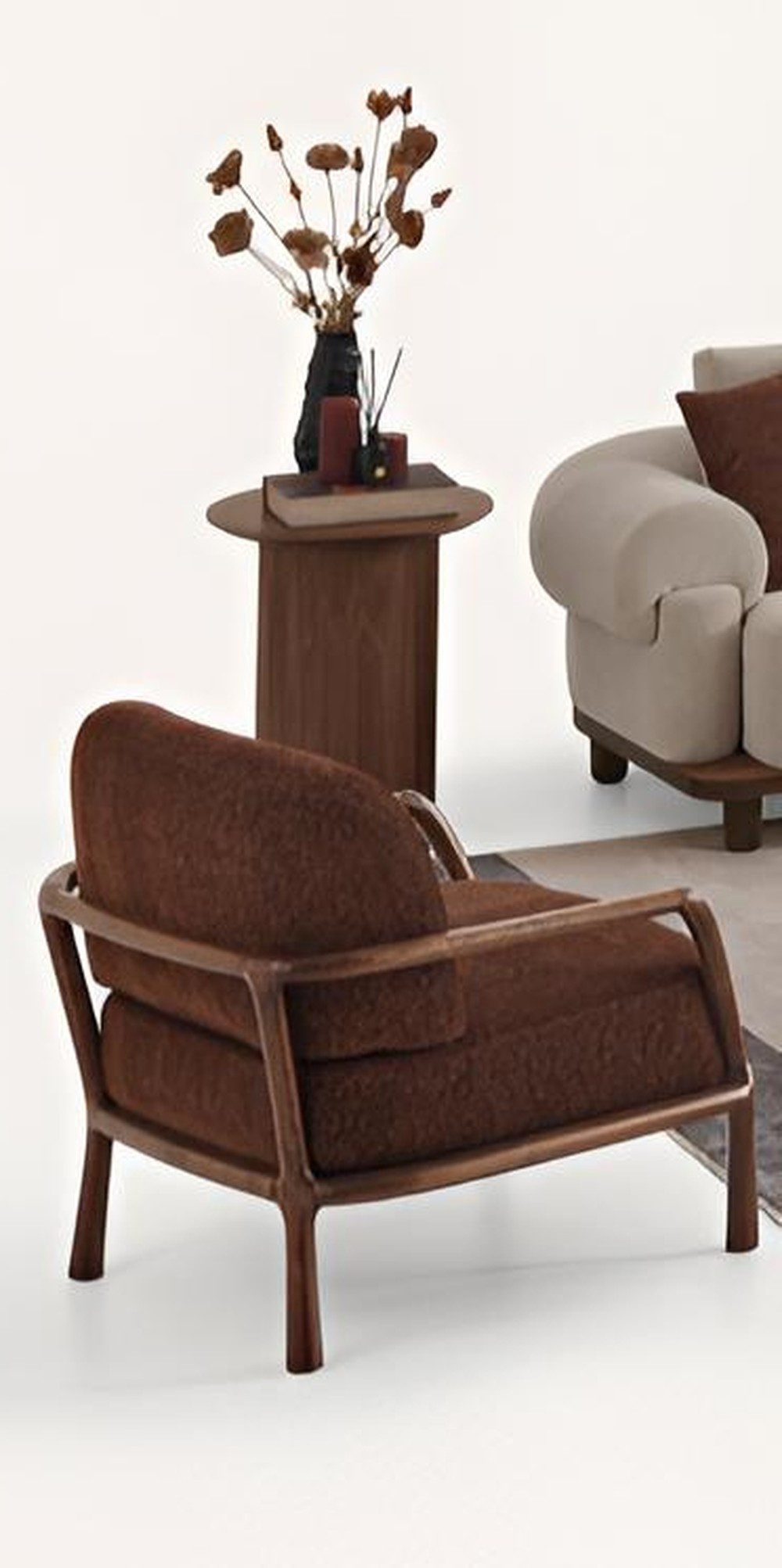Xlmoebel Sessel Eleganter Beistelltisch im Japandi Stil aus Holz Braun (2-St., Sessel mit Beistelltisch), Made in Europa