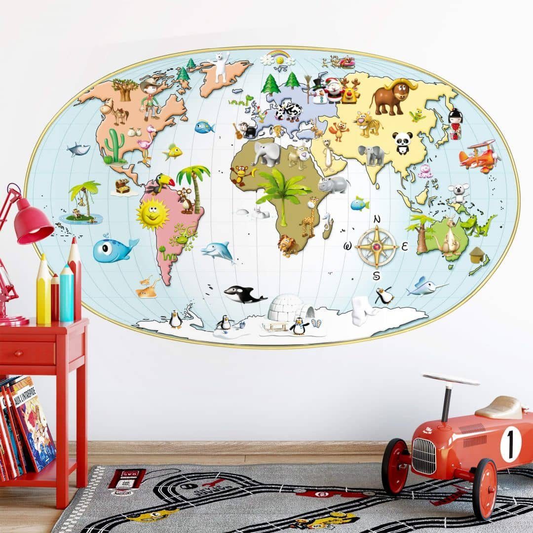 K&L Wall Art Wandtattoo Klebebilder 3D Kinder große Weltkarte lernhilfe 60x37cm Sticker, Wandbild selbstklebend, entfernbar