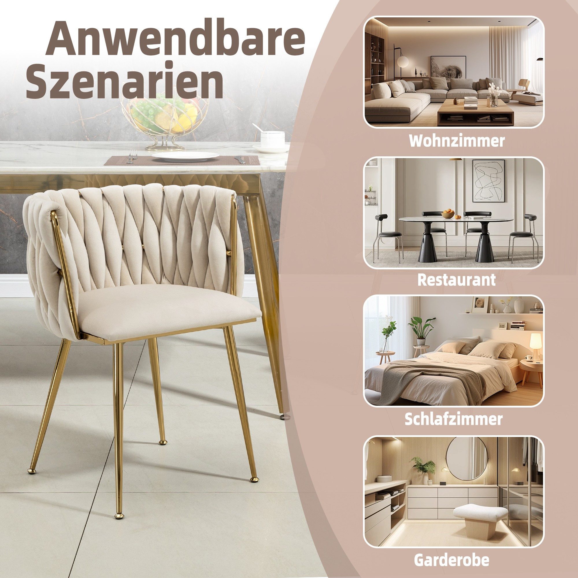 LVHOM Esszimmerstuhl Set mit runden Rückenlehne, Wohnzimmerstuhl aus Samt (Goldene Stuhlbeine & Rahmen, Geflochtener Stil, mehrere Farboptionen, 6 St), 2/4/6 St – Bild 4 von 5