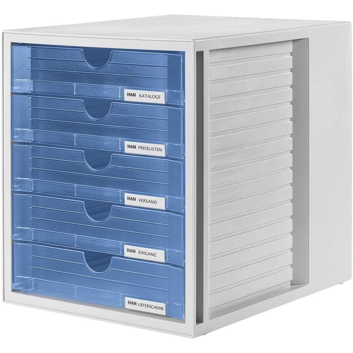 5 geschlossen, integrierbar Schubladenbox 1450, transparent blau mit Schubladen, stapelbar/ HAN