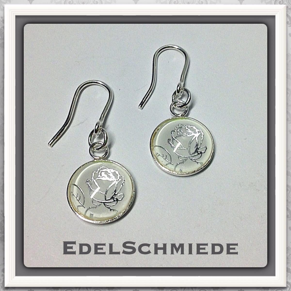 Paar Ohrhänger Edelschmiede925 Ohrhänger Silber 925/- Glascabochon weiß mit Rose