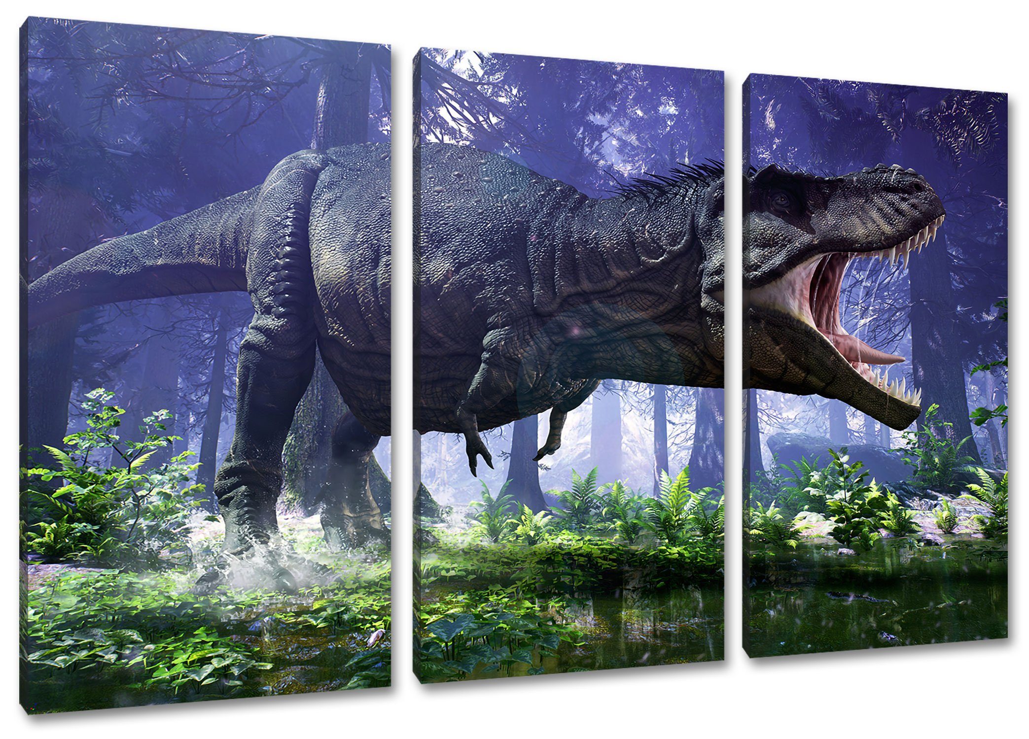 im (120x80cm) T-Rex fertig Wald, inkl. Dinosaurier Pixxprint St), T-Rex (1 Leinwandbild Dinosaurier im bespannt, Leinwandbild Wald Zackenaufhänger 3Teiler