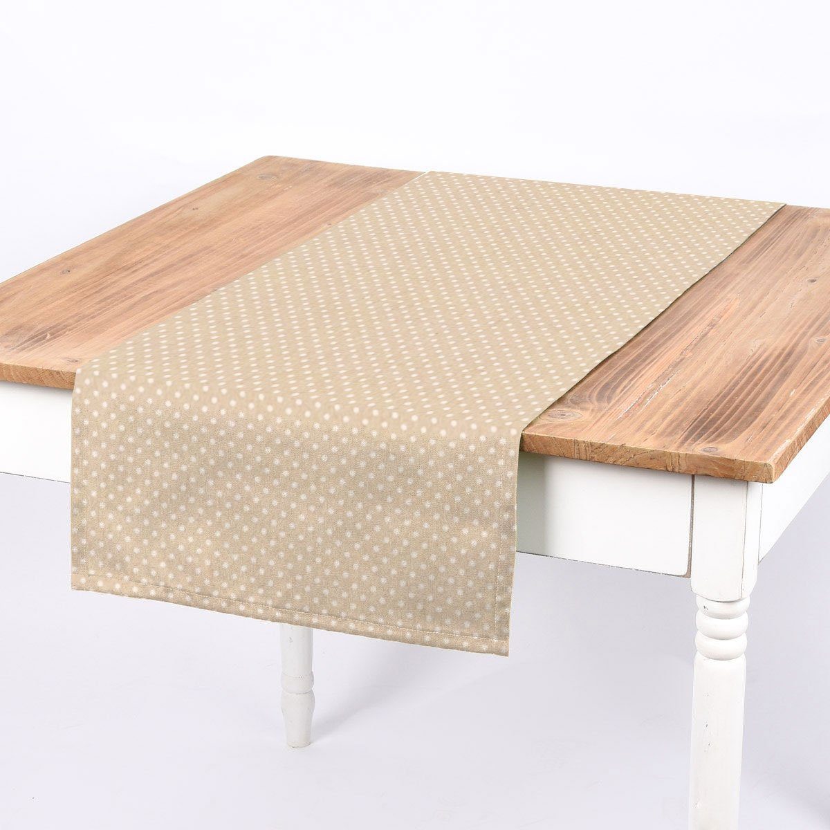 SCHÖNER LEBEN. Tischläufer Tischläufer Leinenlook Basic Dot Pünktchen natur weiß 40x160cm, handmade