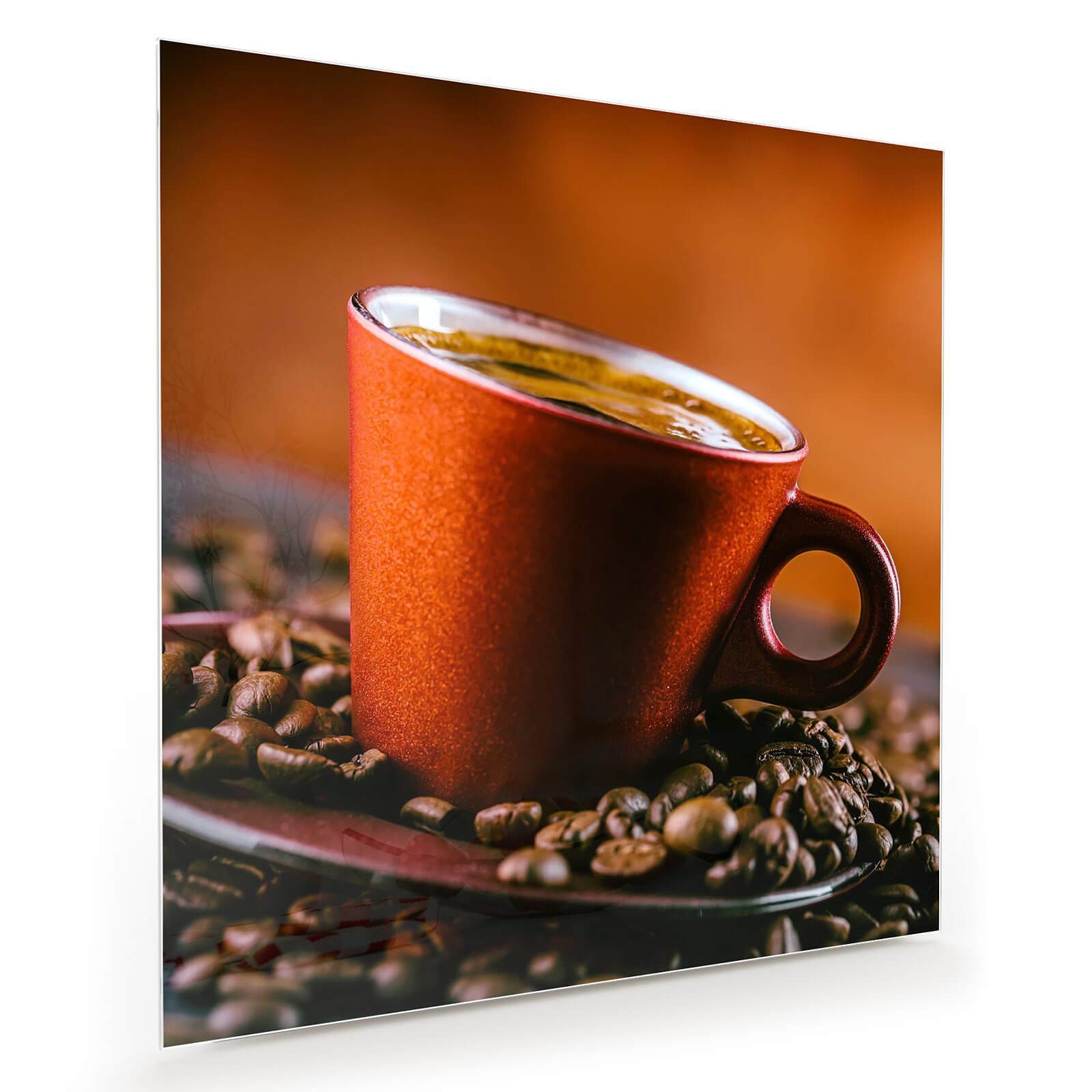Glasbild Wandbild Quadratisch Kaffee auf Bohnen mit Aufhängung