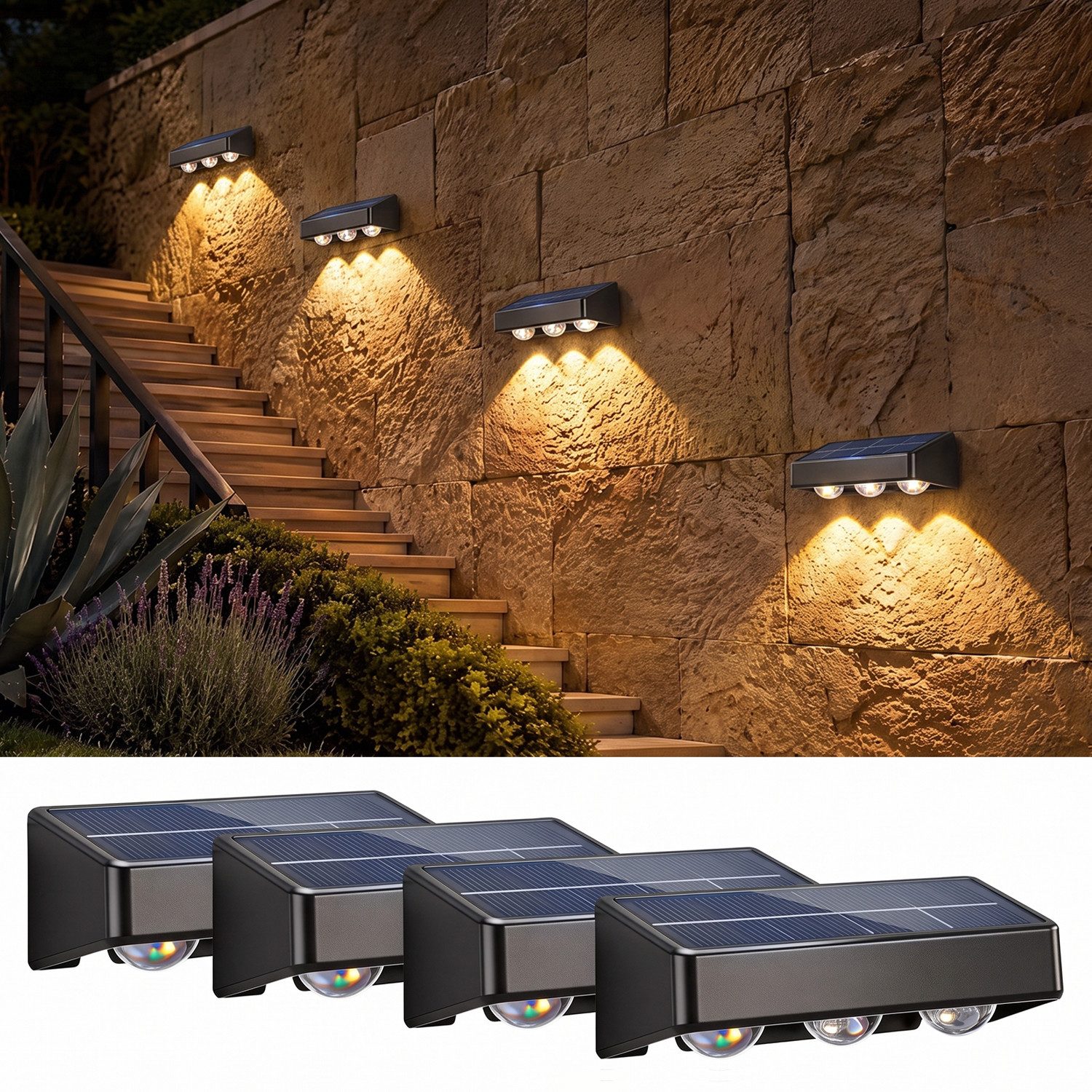 oyajia LED Solarleuchte 4 Stück LED Solarlampe für Außen, 3 LEDs Solarleuchte Außen Wandlampe, LED fest integriert, Warmweiß, Kaltweiß, RGB, RGB LED Solarleuchte für Veranda, Garten, Terrasse, Zaun, Wand, Balkon
