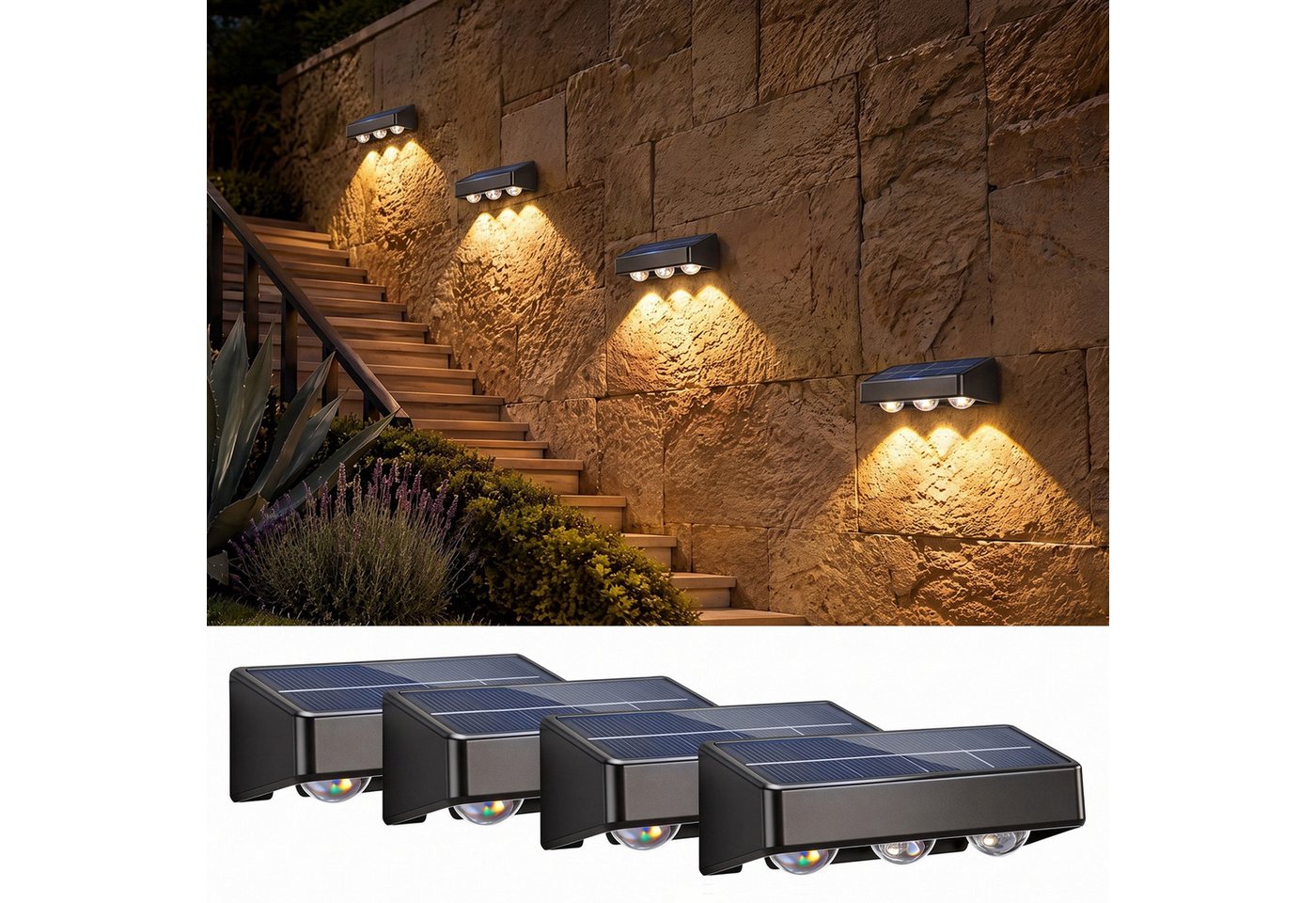 oyajia LED Solarleuchte 4 Stück LED Solarlampe für Außen, 3 LEDs Solarleuchte Außen Wandlampe, LED fest integriert, Warmweiß, Kaltweiß, RGB, RGB LED Solarleuchte für Veranda, Garten, Terrasse, Zaun, Wand, Balkon