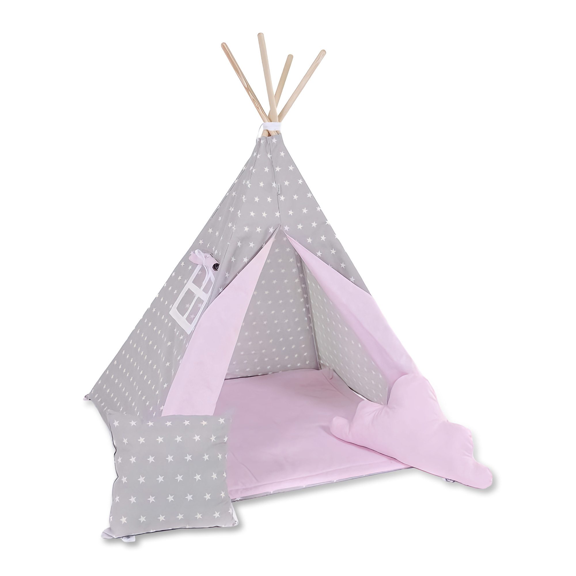 Rainbow Kids Tipi-Zelt Kinderzelt Spielzelt Teepee mit Fenster, Personen: 2 (mit kleinem Zubehör, 4 tlg., mit 2 Kissen und Matte), Made in Europe