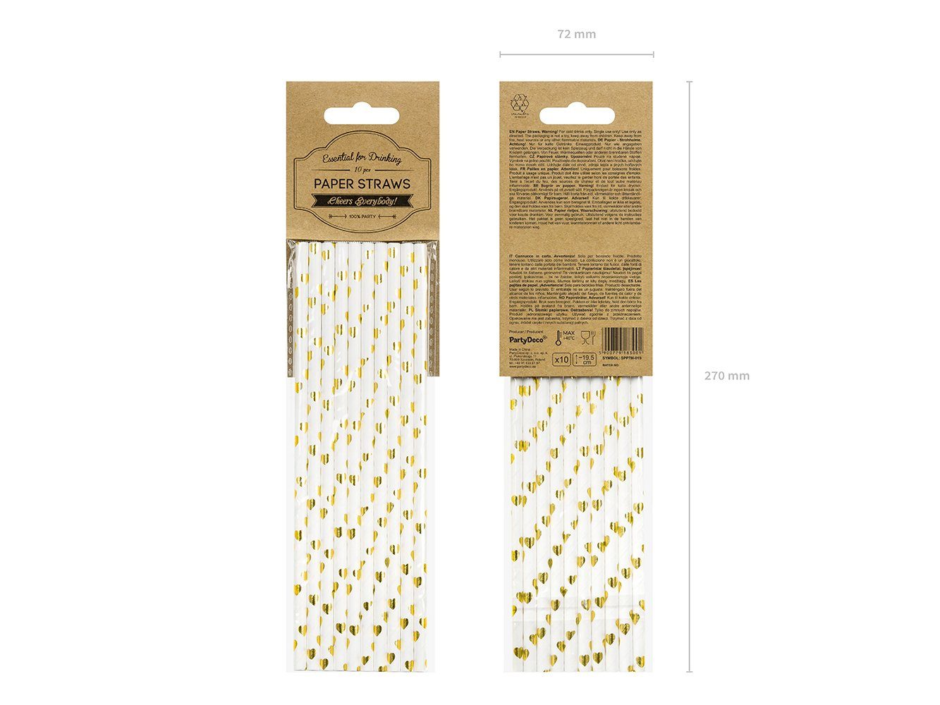 partydeco Trinkhalme, Papierstrohhalme mit Herzen 19cm weiß gold 10er Set