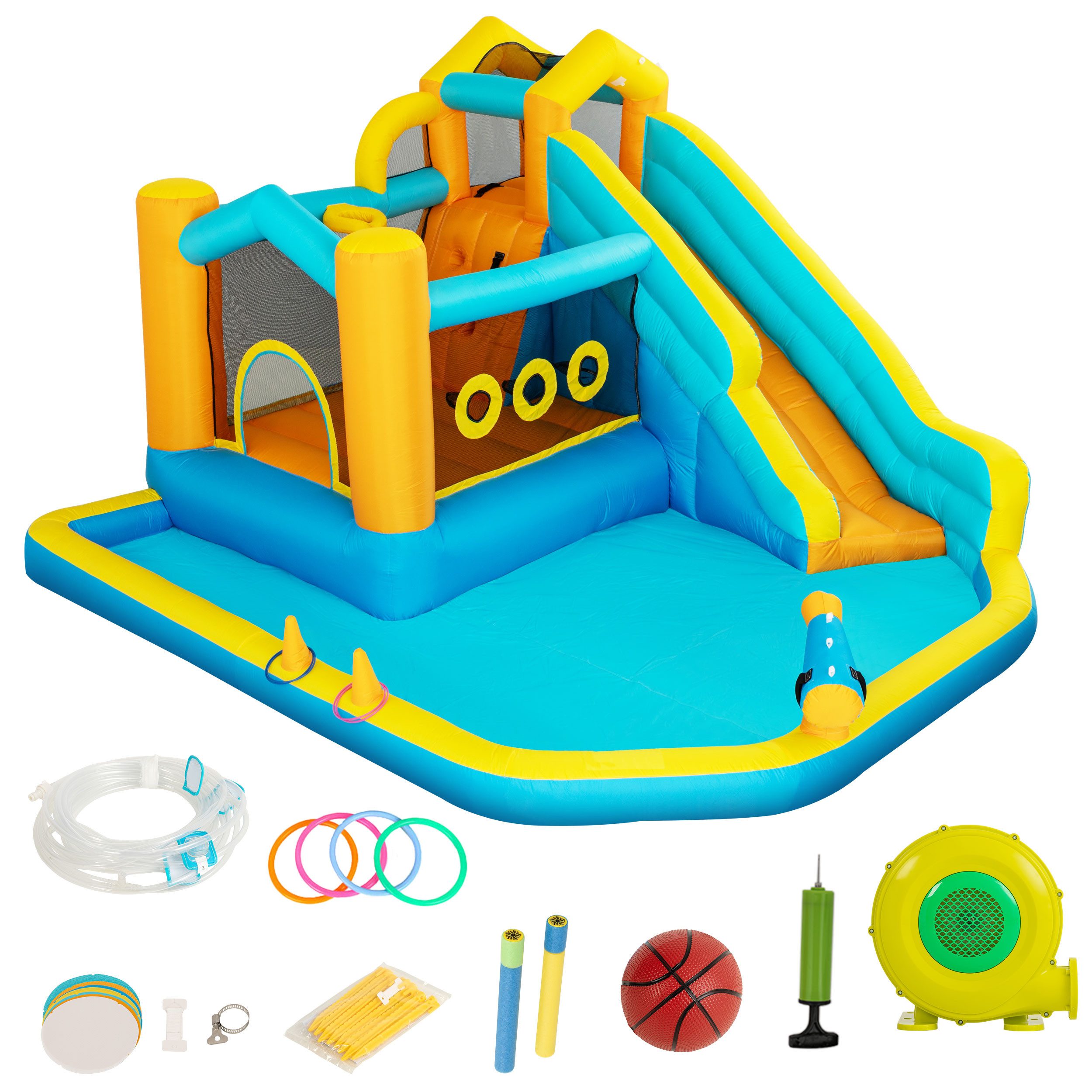 UEV Hüpfburg mit Wasserrutsche Groß 395x355x220cm Wasserspielcenter mit Trocken, (8 in 1 Aufblasbare Wasserpark Springburg, mit Planschbecken Wasserrutsche Springen Kletterwand), für Kinder von 3-8 Jahre Indoor und Outdoor