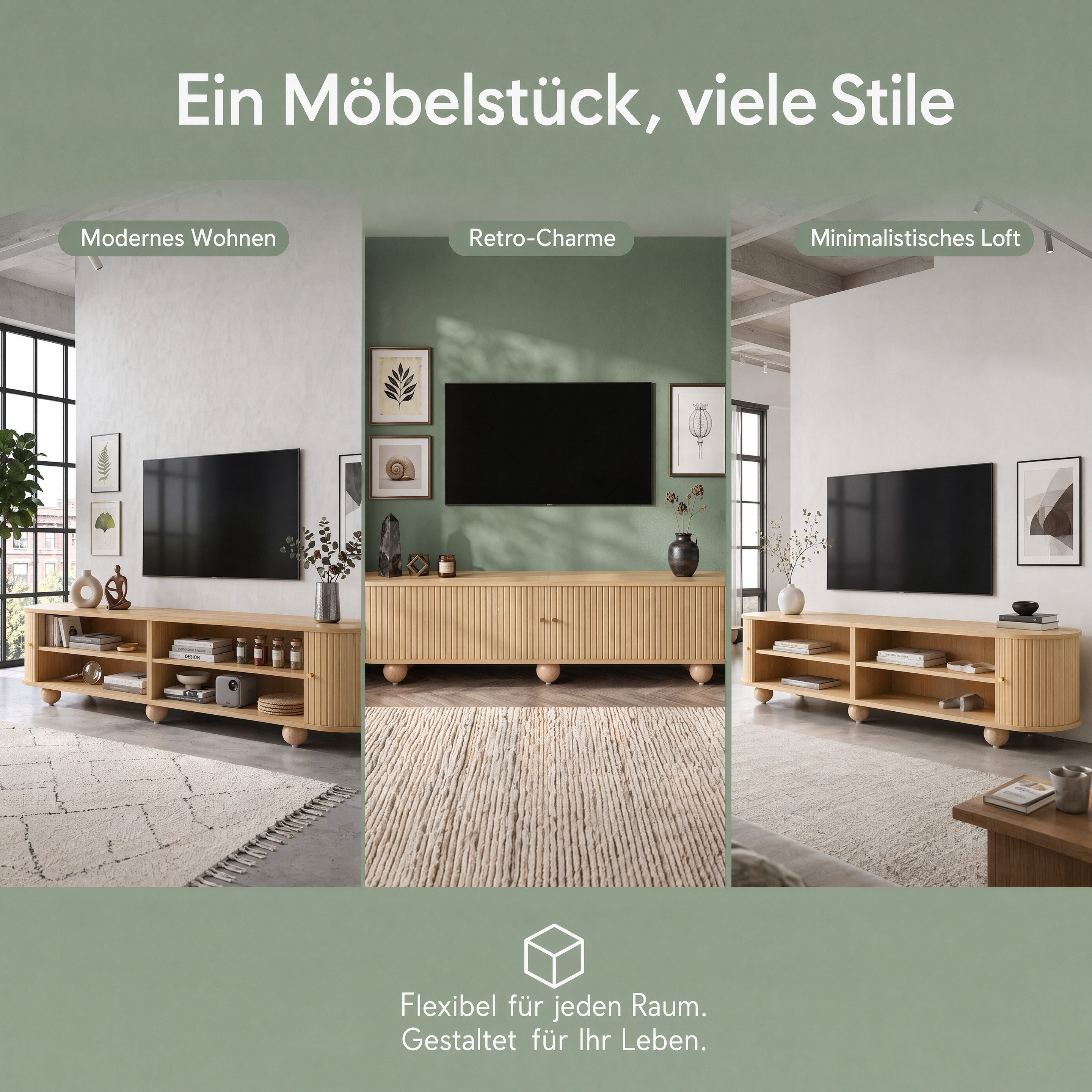 Totnz TV-Schrank TV-Lowboard mit Schiebetüren, vertikaler Lamellenoptik und Kugelfüßen (mit offenem Stauraum und Kabelmanagement) für Wohnzimmer