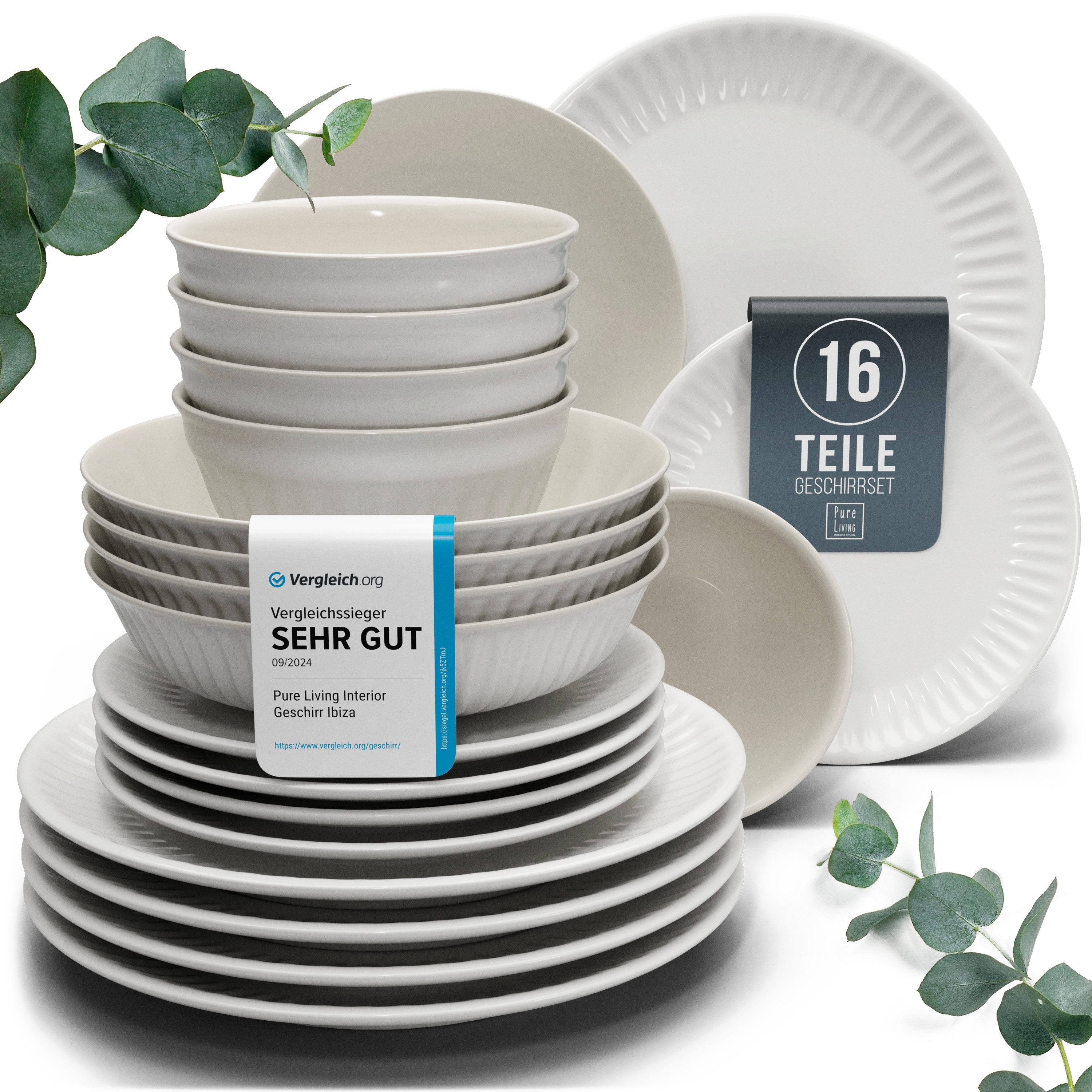 PURE LIVING INTERIOR DESIGN Geschirr-Set Hygge aus Steingut, 16-tlg., für 4 Personen, Hellgrau, 4 Personen, Steingut, Skandinavisches Design mit Riffelstruktur, Harmonische Farbgebung, Ma…