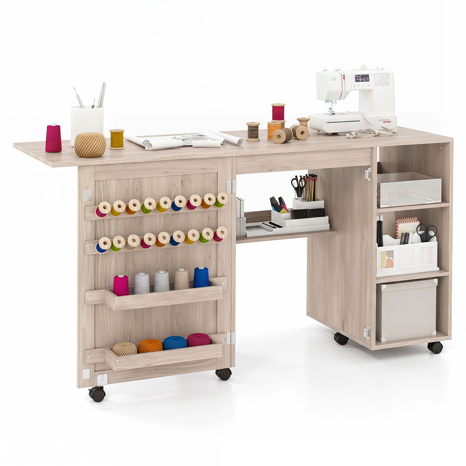 COSTWAY Schreibtisch, 2 in 1 Nähtisch klappbar, mit Ablage, auf Rollen, weiß