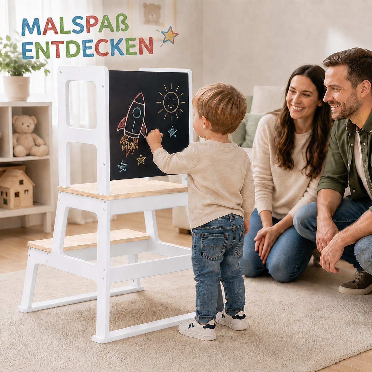 Baby Vivo Stehhilfe Lernturm aus Holz - Mit Tafel in Weiß