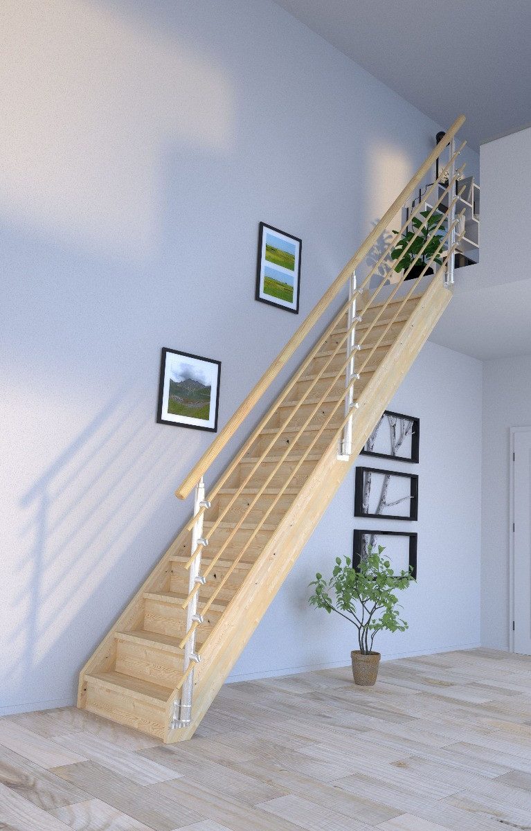 Thumbnail - Starwood Raumspartreppe Holztreppe Korfu gerade-Design Geländer Holzrundstäbe-mit Setzstufen