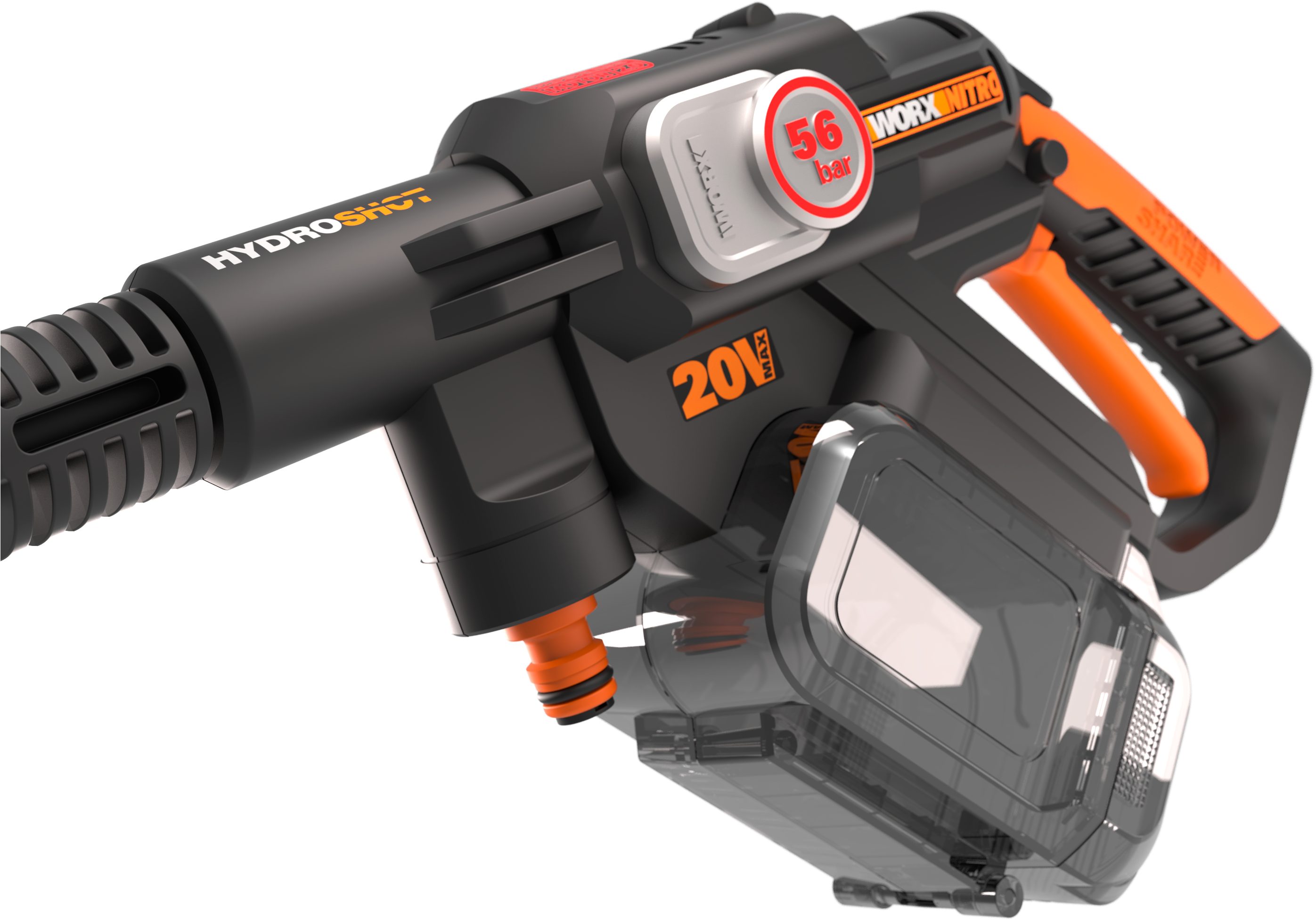 Worx Akku-Hochdruckreiniger WG633E Hydroshot, Druck max: 56 bar, Fördermenge max: 210 l/h, bürstenloser Motor, 5-in-1 Druckdüse, inkl. Akku und Ladegerät