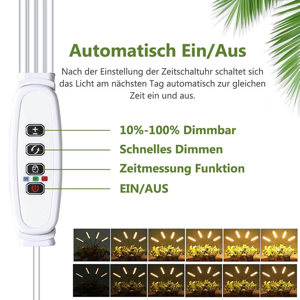 Jibenhome Pflanzenlampe LED Vollspektrum Dimmbare Grow Lampe mit 3/6/12H Auto Timer, 4-Kopf 32W Höhenverstellbar für Zimmerpflanzen