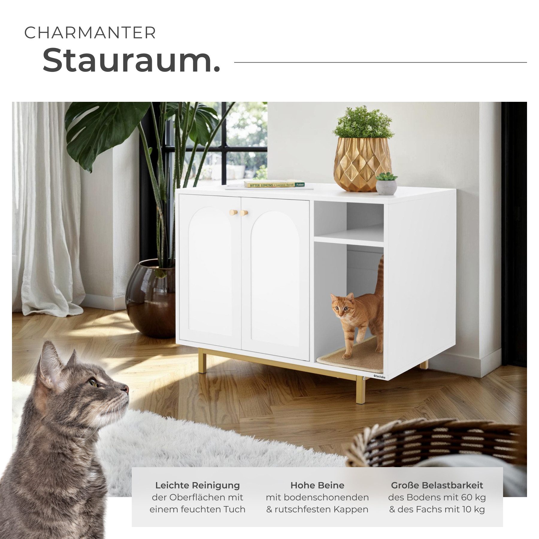 tectake Katzentoilette Katzenklo-Schrank, Kratzmatte, 80 x 52 x 61,5 cm, seitlicher Eingang, 2 große Flügeltüren mit Magnetverschluss, hohe Beine, kleines Staufach