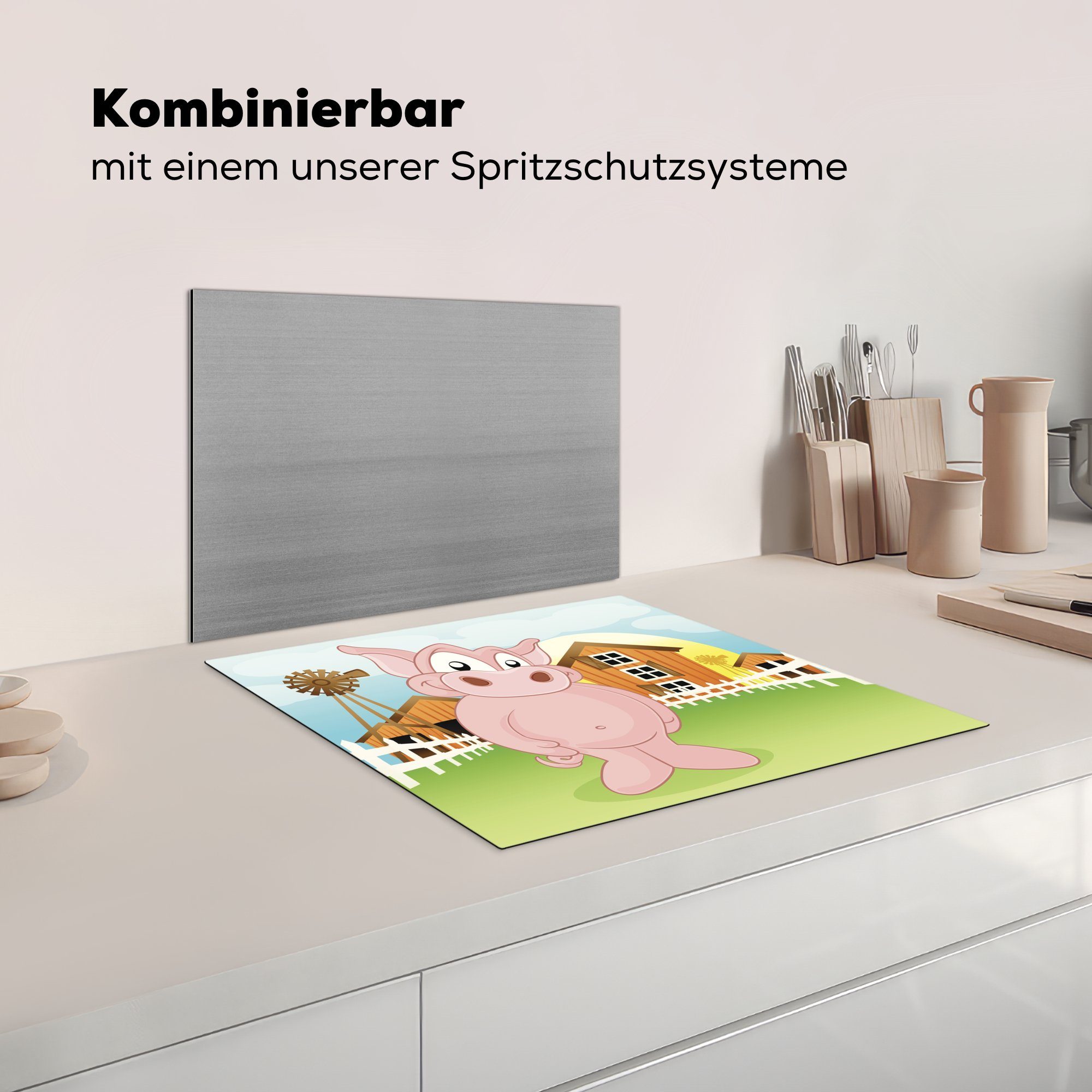 MuchoWow Herdblende-/Abdeckplatte Eine Illustration eines Vinyl, Bauernhof, (1 dem cm, auf Mobile tlg), 60x52 nutzbar, Arbeitsfläche Ferkels Ceranfeldabdeckung