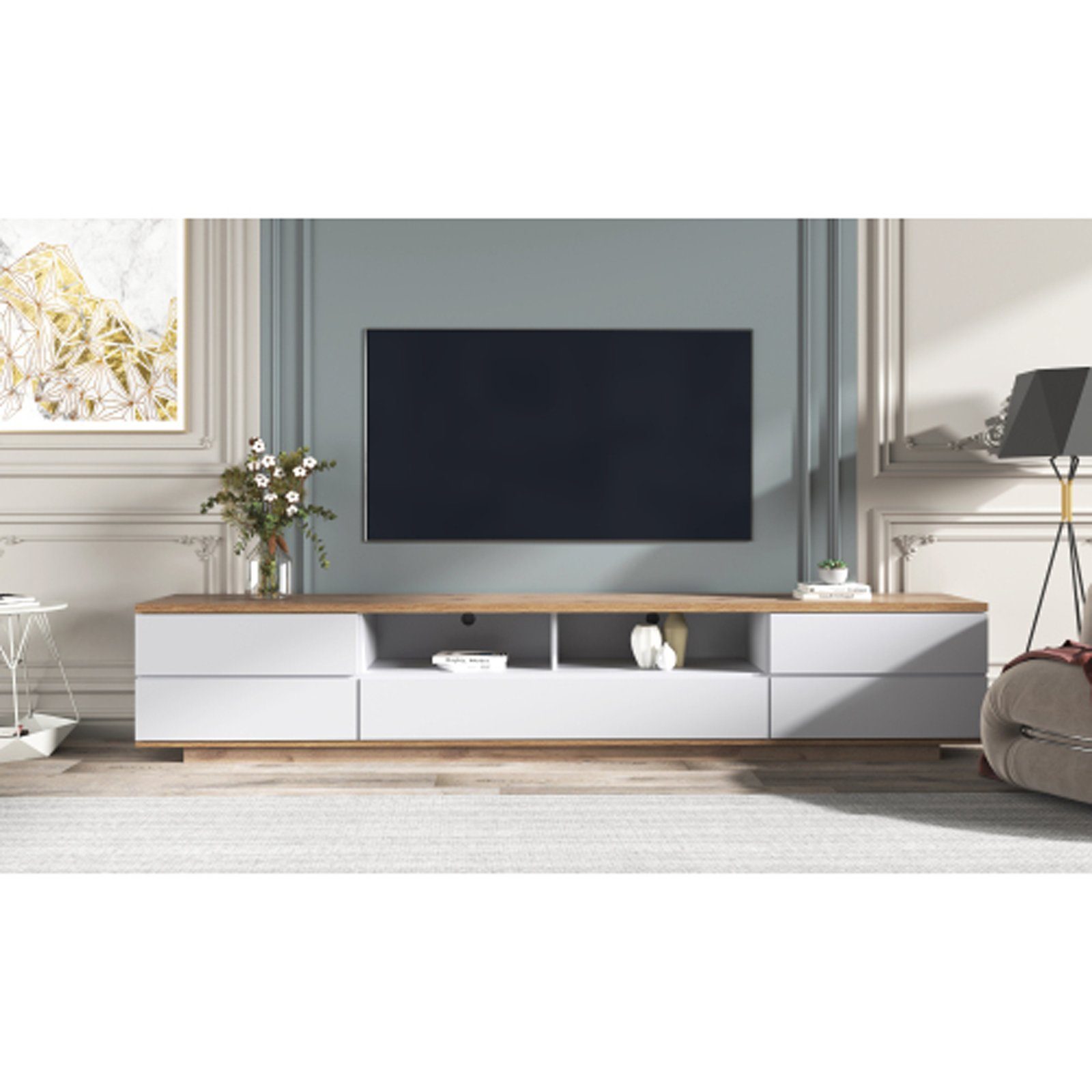 SEEZSSA TV-Schrank Moderner Colorblocking-TV-Schrank,TV-Schrank Gitterdesign, Weiße Schrank Hochglanzoberfläche mit Holzmaserung180X38X46CM