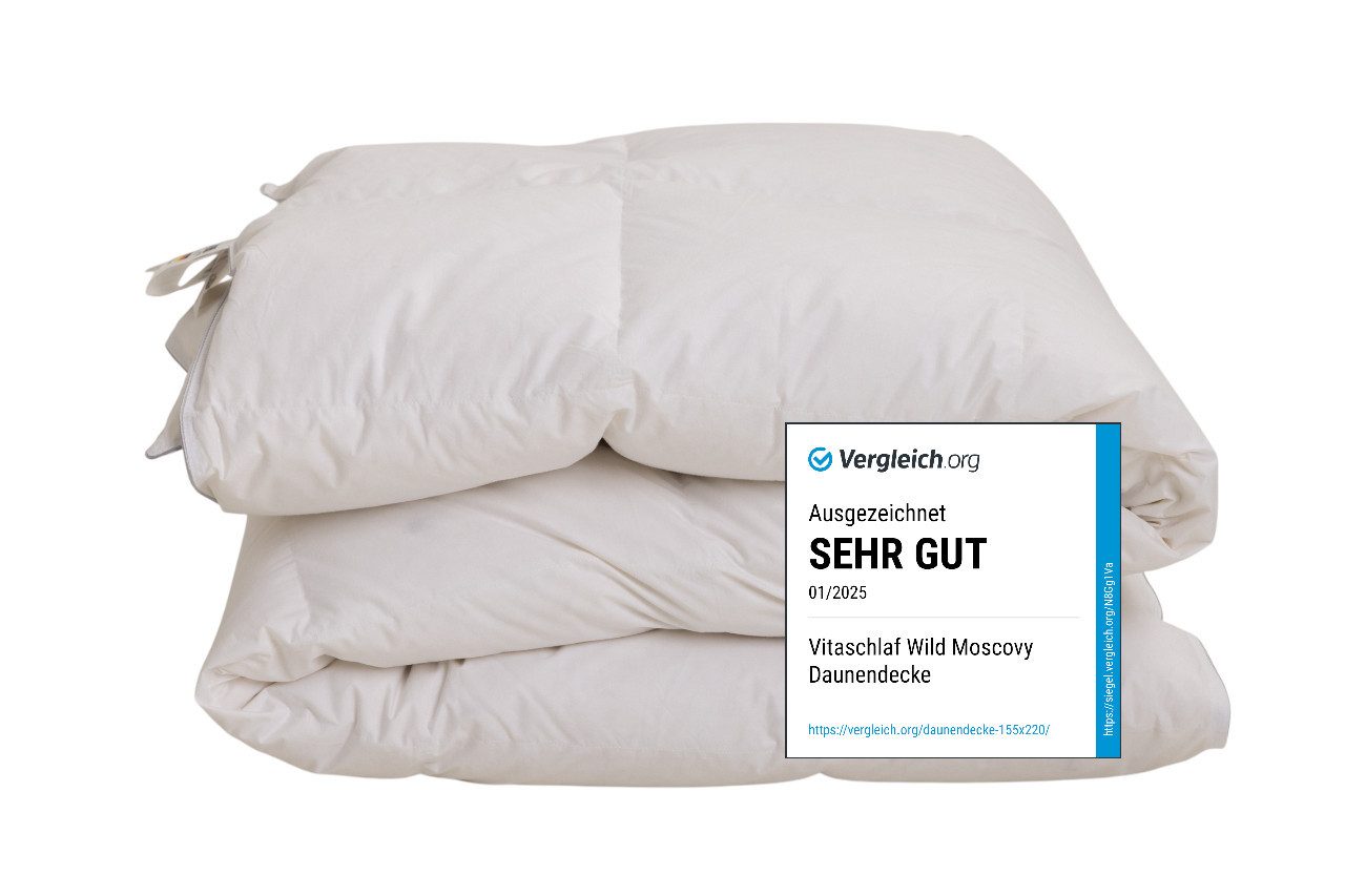 Vitaschlaf Daunenbettdecke Vitaschlaf® Wild Moscovy® Bettdecken Sommer Winter Ganzjahresdecke, Füllung: Moscovy Daunen 90% und 10% Federn großflockige kältegereifte Naturdaune, alle Wärmestufen, Всеrgikerfreundlich, Bezug: 100% Baumwolle aus feinster MACO Einschütte, Bettdecke 135x200 cm, 155x220 cm und weitere Größen, Made in Germany