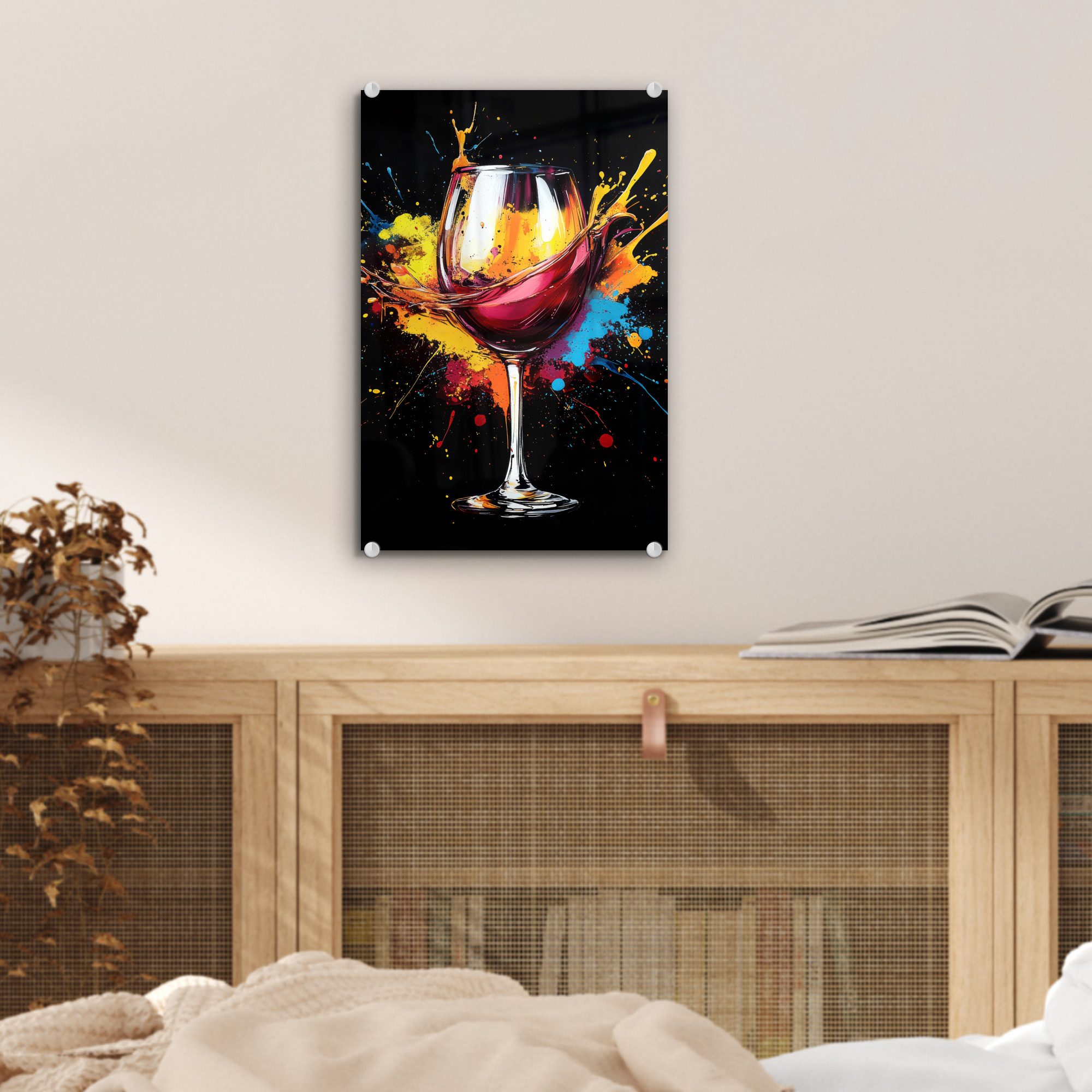 MuchoWow Acrylglasbild Wein - Glas - Graffiti - Getränk - Rot - Farbe, Inkl. Aufhängung, Dekorative Bild für Küche & Wohnzimmer auf Glas, 20x30 cm – Bild 5 von 5