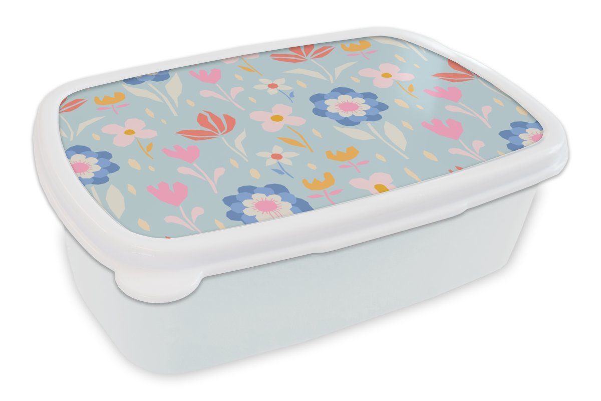 MuchoWow Lunchbox Blumen - Pflanzen - Muster, Kunststoff, (2-tlg), Brotbox für Kinder und Erwachsene, Brotdose, für Jungs und Mädchen weiß