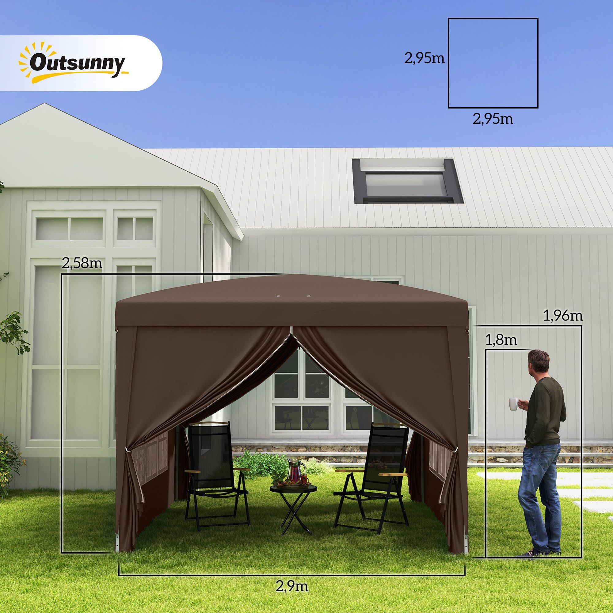 Outsunny Faltpavillon 3x3m, wasserabweisend stabil winterfest, UV Schutz 50+, faltbar, mit 4 Seitenteilen, (Pop-up Pavillon, Partyzelt), mit 4 Seitenteilen, Tasche, für Camping, Garten, Kaffee