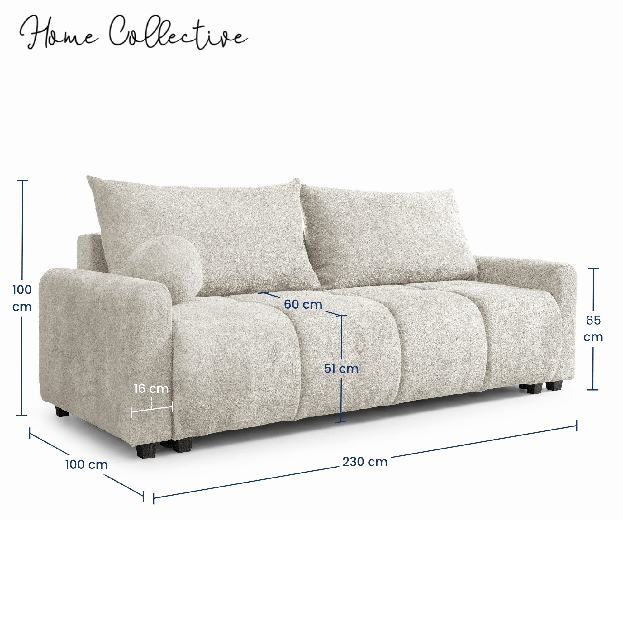 Home Collective Sofa Couch mit Schlaffunktion & Bettkasten Schlafsofa, 230 cm, weicher Stoff, modernes Design, inklusive Kissen Weiß