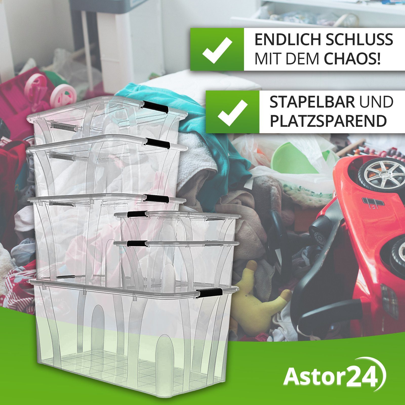 astor24 Aufbewahrungsbox Aufbewahrungsbox mit (Spielzeugbox, Plastikbox Kisten Regalbox 7 Stapelboxen Größe Liter bis St), Aufbewahrung 80 3 Liter Deckel Kunststoffboxen Box