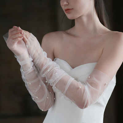 SOTOR Вечірні рукавички Lange transparente Tüllhandschuhe mit Perlen, 52 cm (abnehmbare Brautärmel für Hochzeitskleid, fingerlose, cremefarbene Brauthandschuhe)