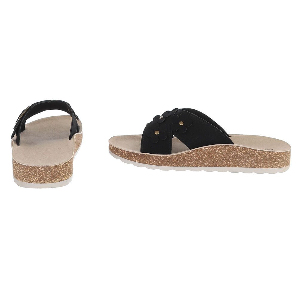 Ital-Design Damen Pantolette mit Blüten-Details und Schnalle Pantolette (92002753) Flach Pantoletten in Schwarz – Bild 5 von 5